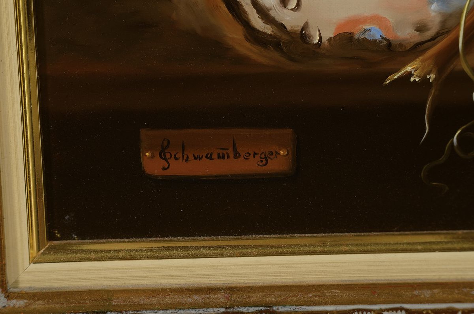 Detail a: Hildegard Schwammberger, geb. 1950 Essen, Früchtestillleben mit Pfirsischen, Kirschen, Trauben, Pfingstrosen u. Stangenglas, feine Detailmalerei ...