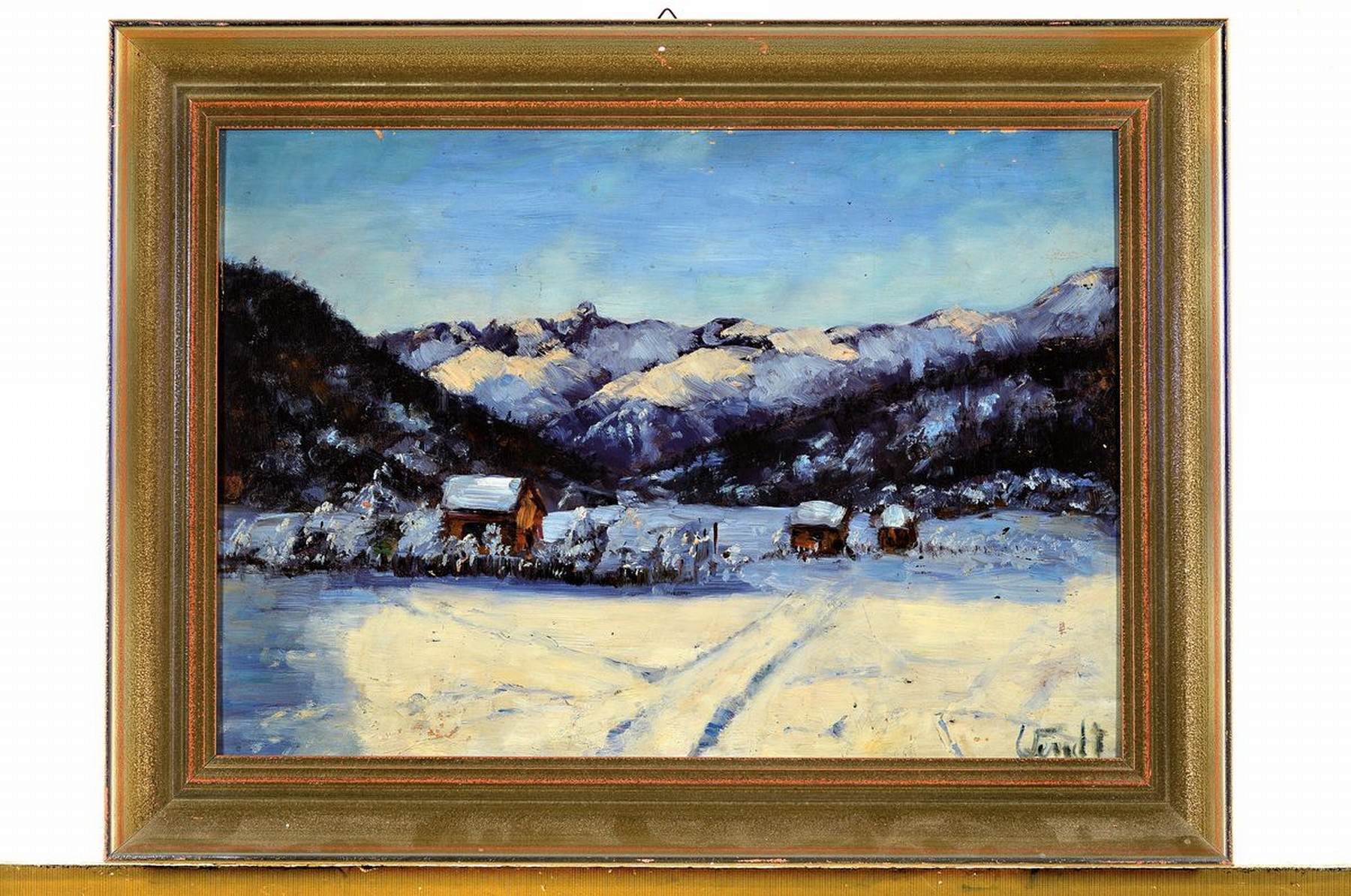 Detail k: Wendt, um 1925-30, Gebirgslandschaft im Winter,im Vordergrund verschneite Hütten, Öl/Lwd, rechts signiert, nach dem Vorbild von Karl Hauptmann, ca. ...