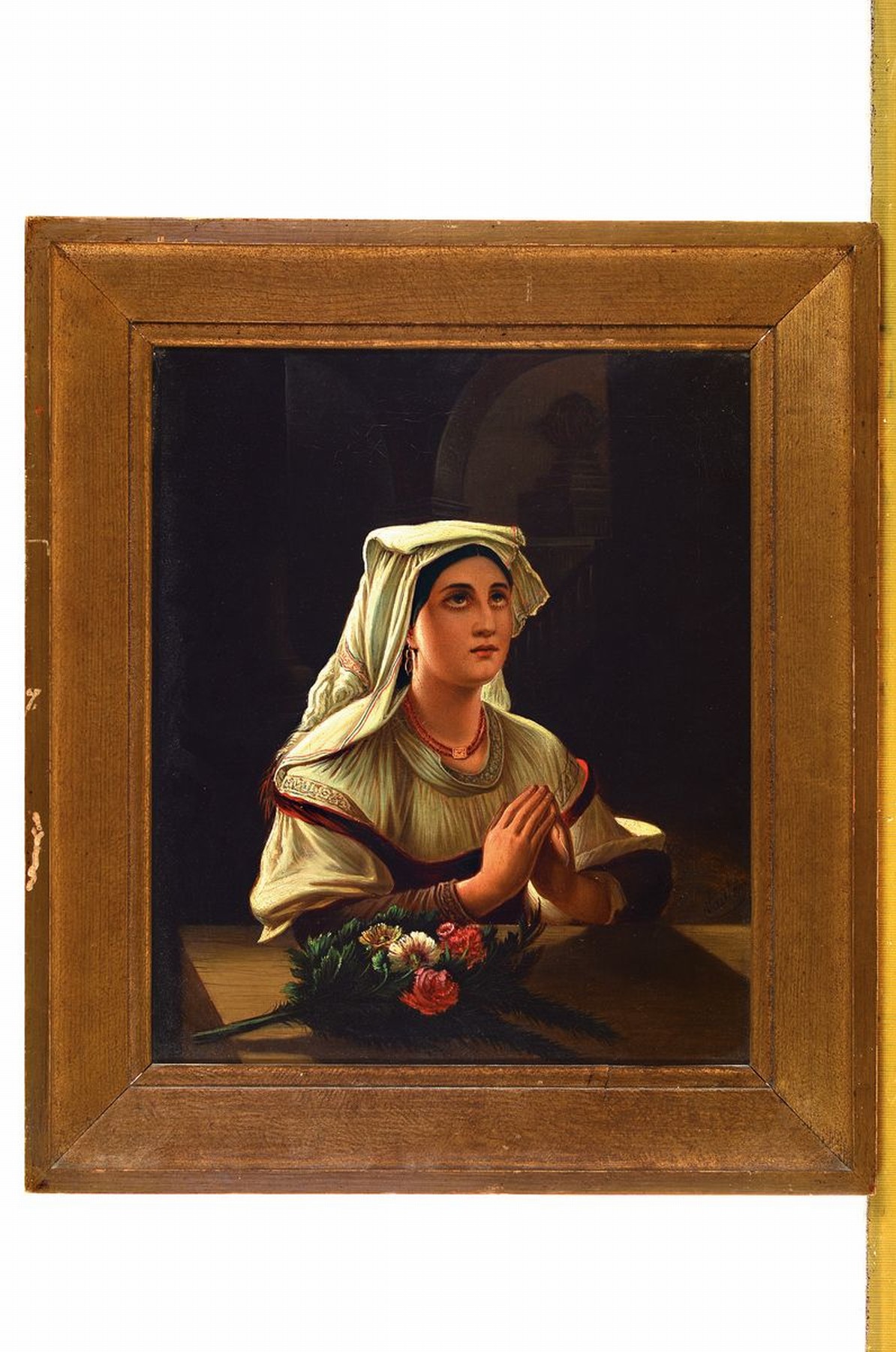 Detail k: Sauter, Maler um 1850-1860, Porträt einer betenden jungen Frau mit Haube und Blumen in einer Kirche, Öl/Lwd, rechts unten signiert, ca. 38x32cm, R. ...