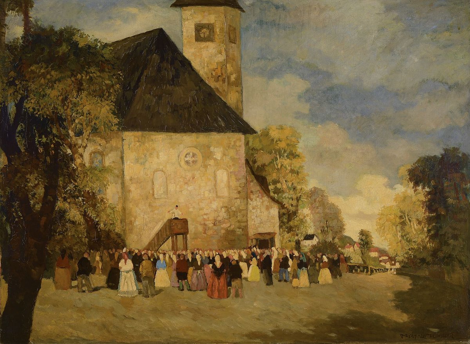 Hans Ruzicka-Lautenschläger, 1862 Aussig-1933 Wien, Kirchgang, vielfigurige Szene vor einer Kirche, Öl/Lwd, rechts unten signiert, ca. 73x98cm, R. ...