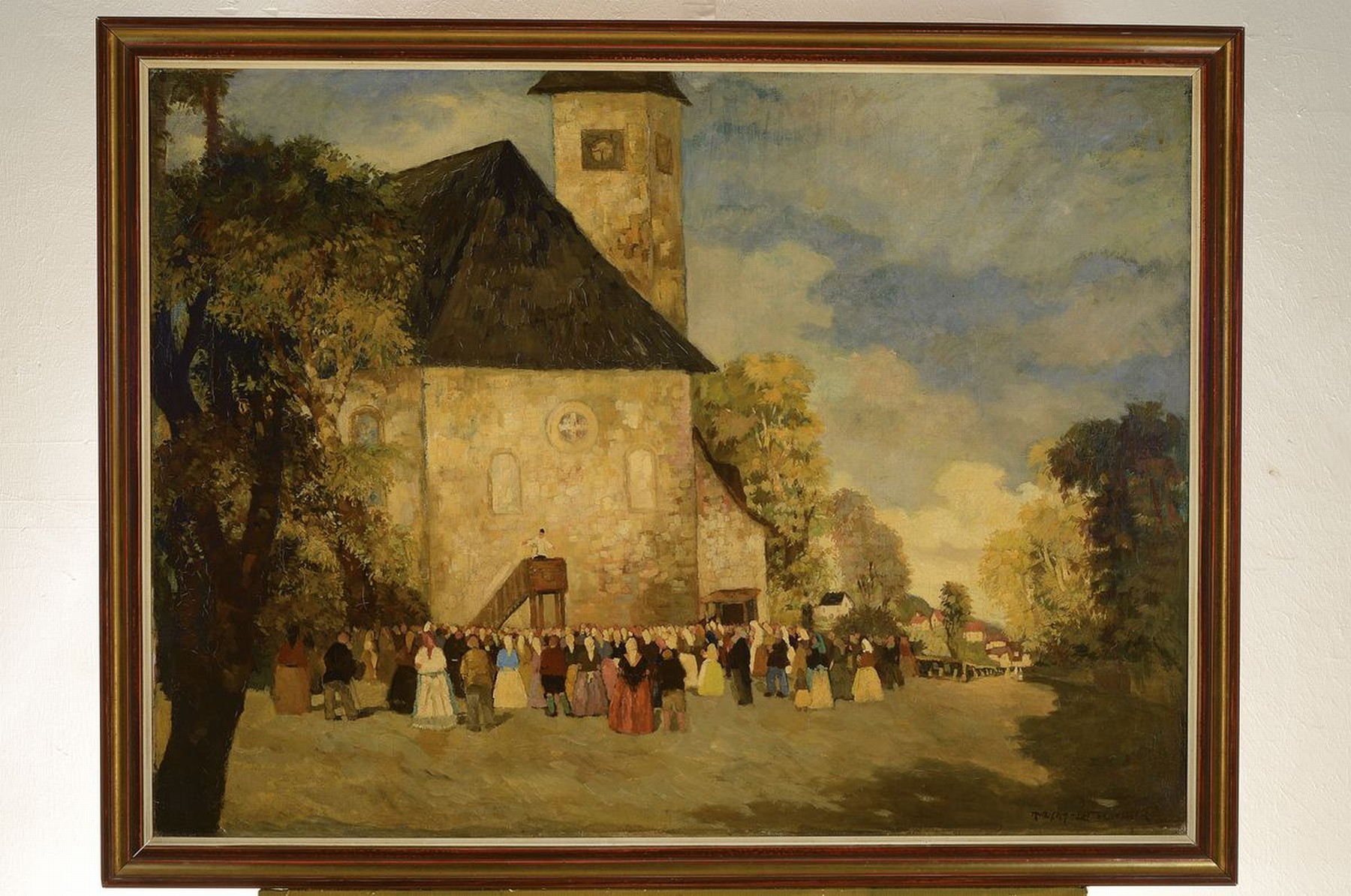 Detail k: Hans Ruzicka-Lautenschläger, 1862 Aussig-1933 Wien, Kirchgang, vielfigurige Szene vor einer Kirche, Öl/Lwd, rechts unten signiert, ca. 73x98cm, R. ...
