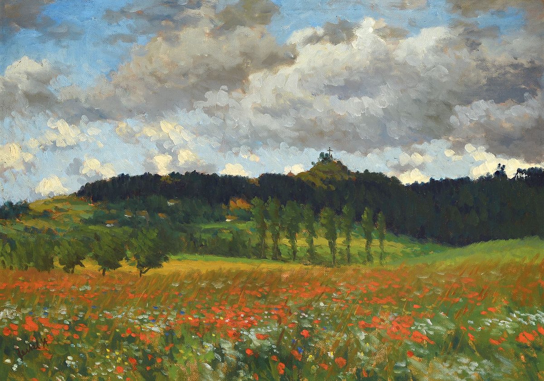 Stanislav Feikl, 1883 Dolni Systova-1933 Prag, Blick auf einen Hügel mit Kreuz, im Vordergrund Feld mit blühendem Mohn, Öl/ Malkarton, links unten ...