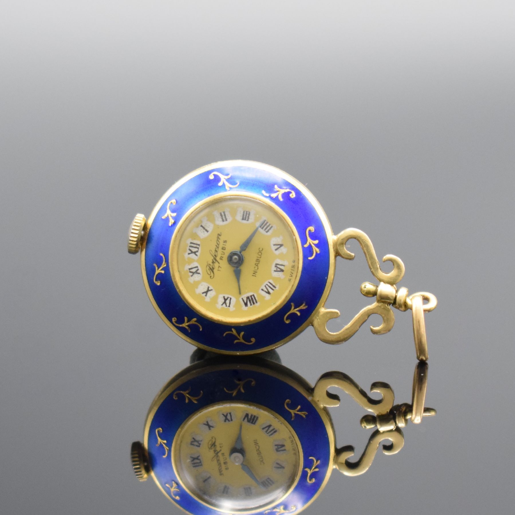 PERFEXION emaillierte Anhängeuhr in GG 750/000, Schweiz um 1970, Handaufzug, aufgedr. Boden, Geh. transluzid blau emailliert und floral grav., gold. ...
