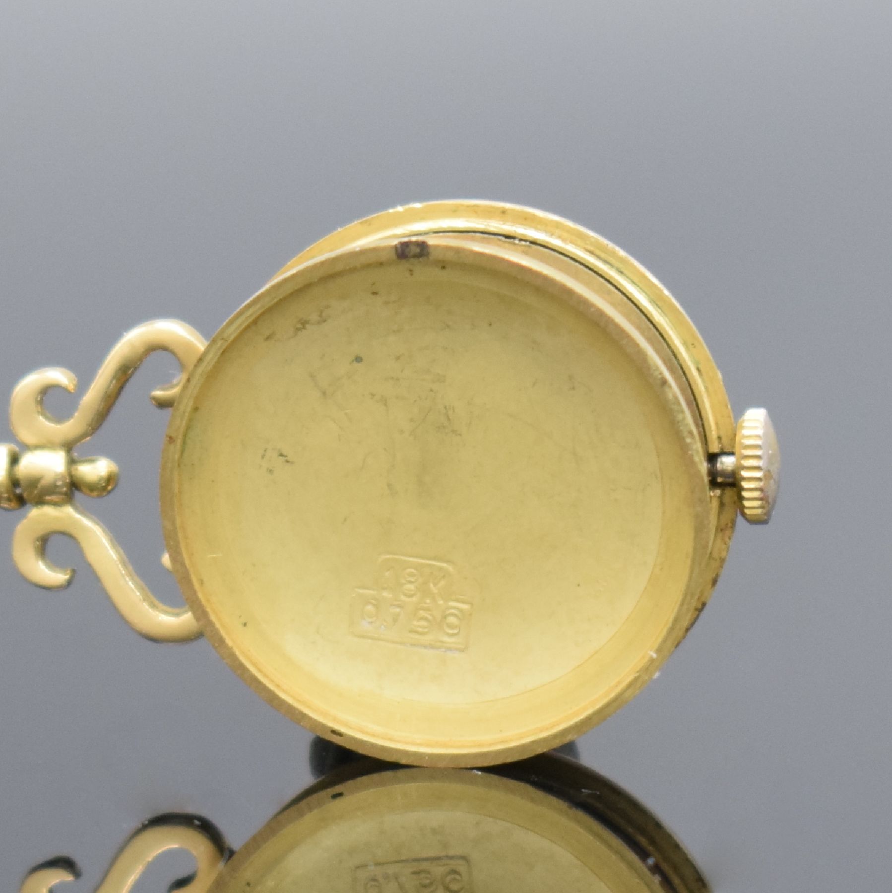 Detail c: PERFEXION emaillierte Anhängeuhr in GG 750/000, Schweiz um 1970, Handaufzug, aufgedr. Boden, Geh. transluzid blau emailliert und floral grav., gold. ...