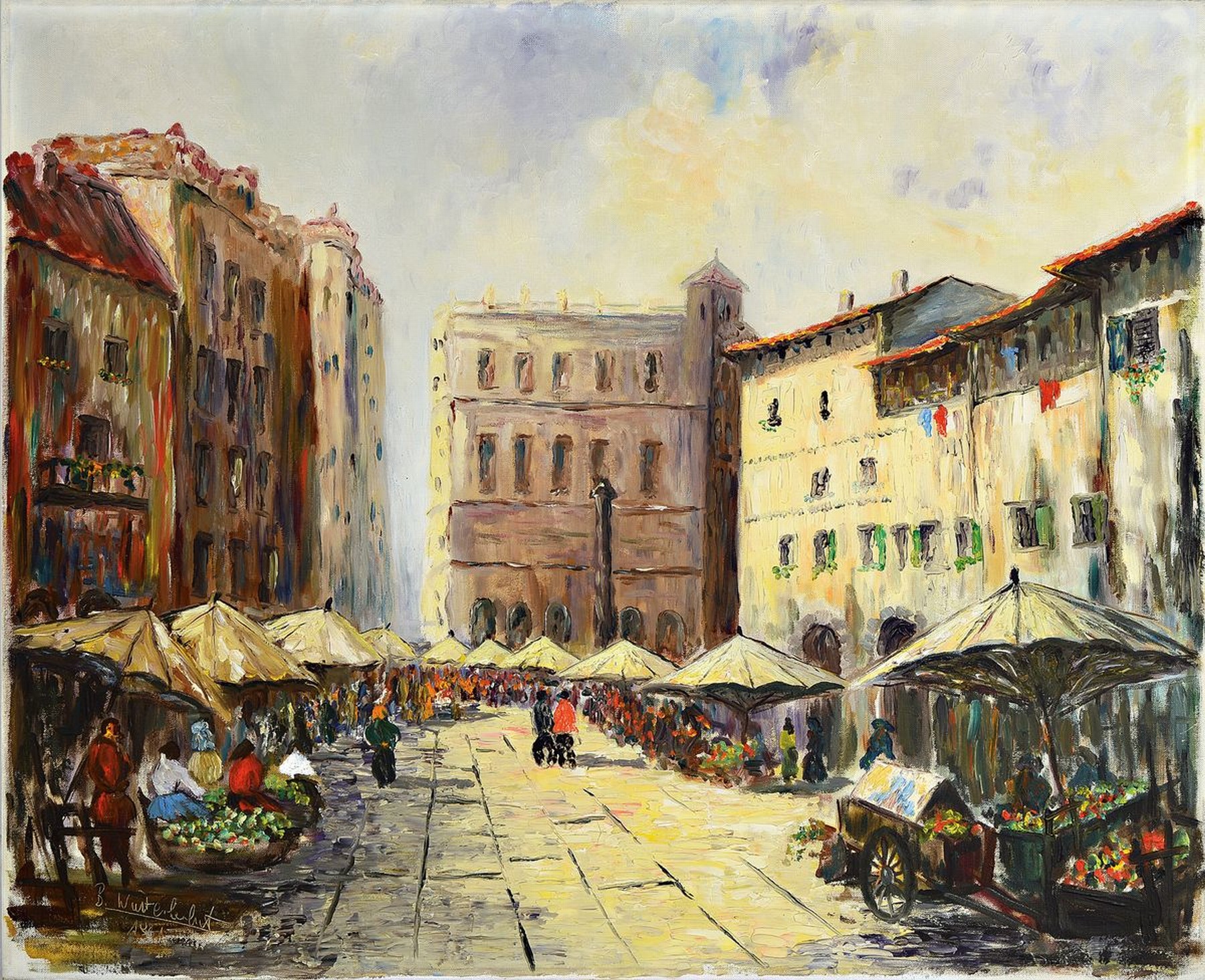 Unbekannter Künstler, datiert 1961, Südliche Stadtszene mit Marktplatz, Öl/Lwd, links unten unleserlich signiert B.Winter... und dat., ca. 65x80cm