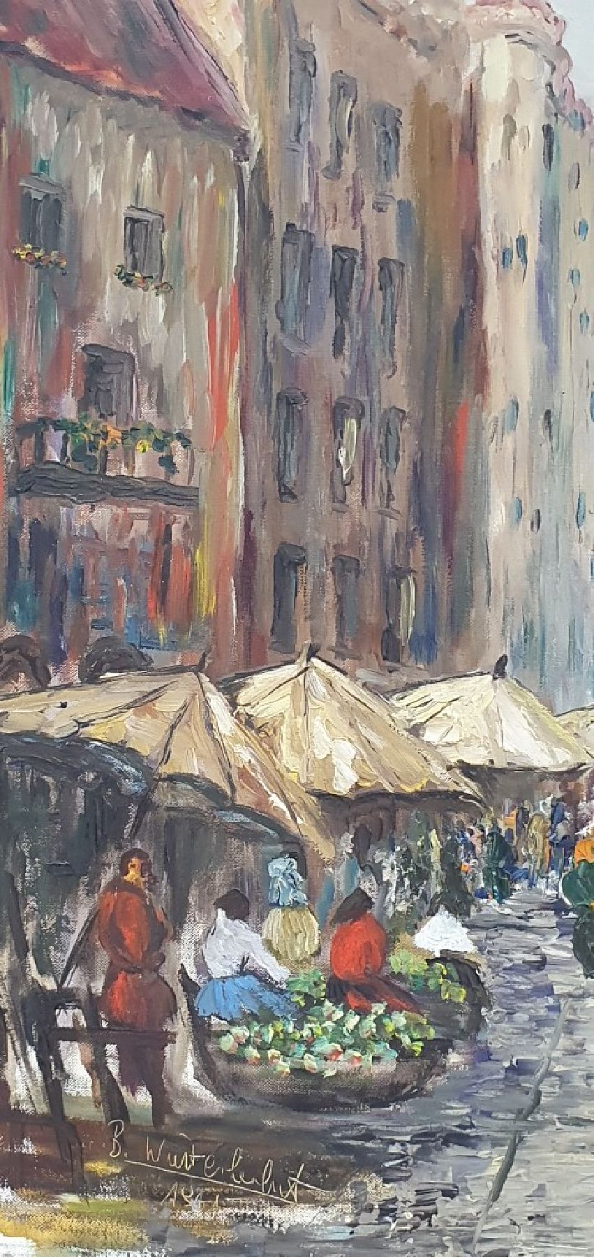Detail e: Unbekannter Künstler, datiert 1961, Südliche Stadtszene mit Marktplatz, Öl/Lwd, links unten unleserlich signiert B.Winter... und dat., ca. 65x80cm