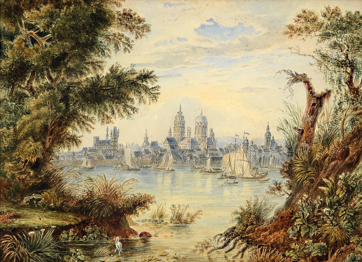 Unleserlich signiert, Anfang 19. Jh., Ansicht von Mainz, Aquarell/Papier, rechts unten signiert A.G...?, 29 x 40 cm