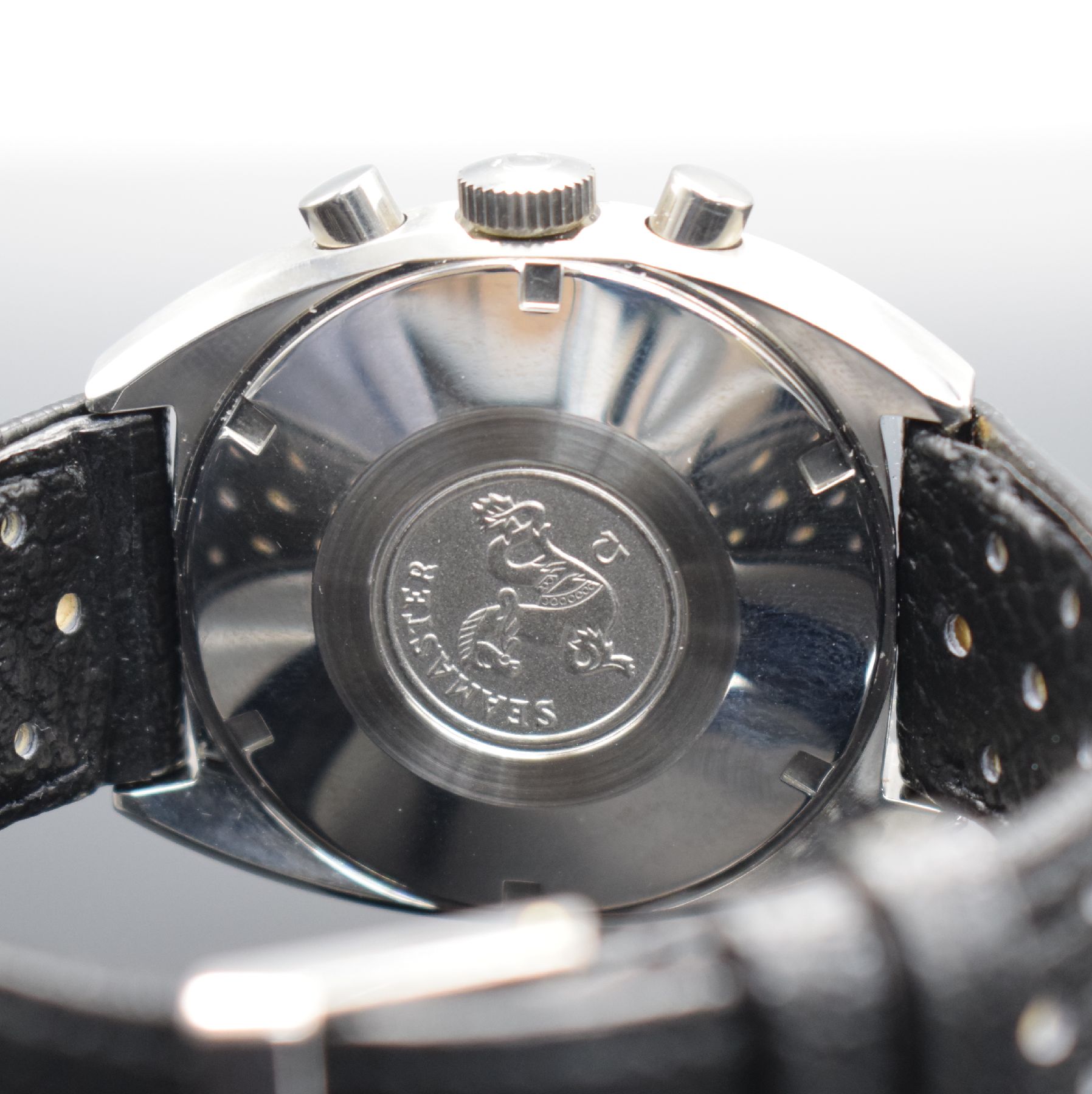 Detail e: OMEGA Seamaster nahezu neuwertiger Schaltradchronograph Referenz 145.016-68, Schweiz um 1968, Handaufzug, Edelstahlgeh. inkl. orig. Lederband m. ...