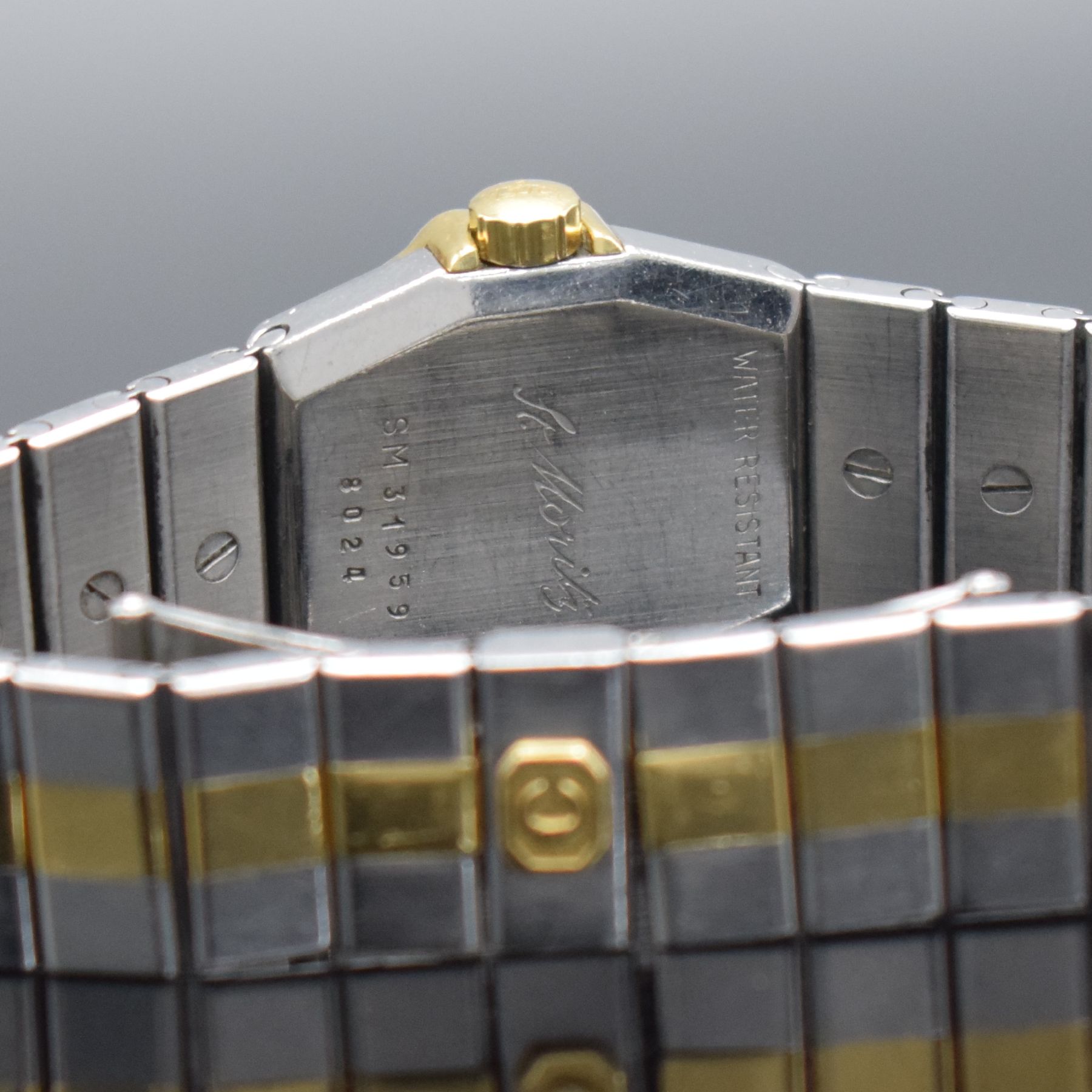 Detail e: CHOPARD St. Moritz Damenarmbanduhr Referenz 8024, Schweiz um 1990, quarz, Edelstahl & Gold komb., Stülpgeh., 8-fach verschr. Goldlünette, ...
