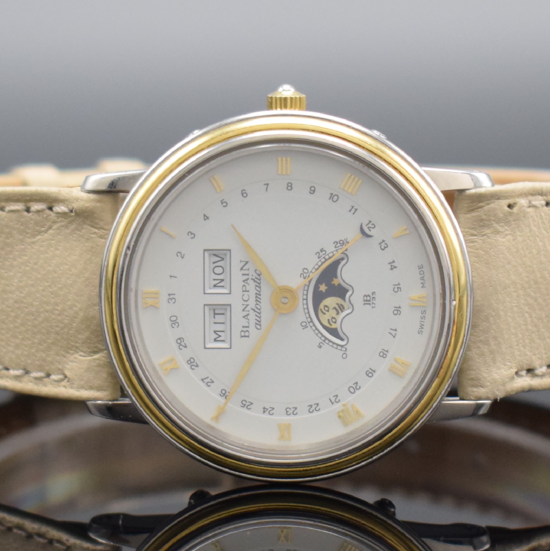Detail a: BLANCPAIN Armbanduhr mit Vollkalender Kaliber 953, Schweiz um 1985, Automatik, Edelstahl & Gold komb., Boden aufgedr., Korrekturdr. im Geh. eingel., ...