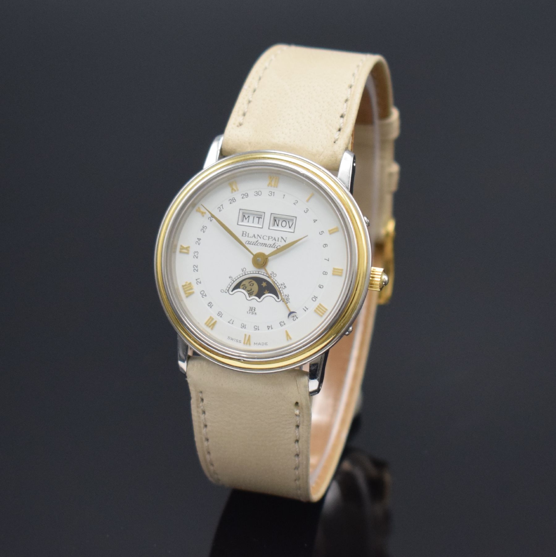 Detail b: BLANCPAIN Armbanduhr mit Vollkalender Kaliber 953, Schweiz um 1985, Automatik, Edelstahl & Gold komb., Boden aufgedr., Korrekturdr. im Geh. eingel., ...