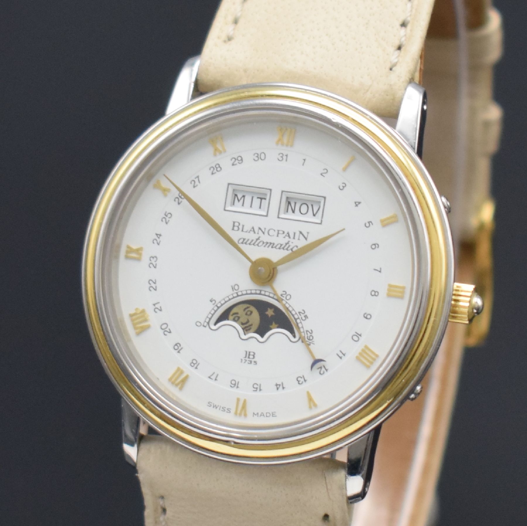 Detail c: BLANCPAIN Armbanduhr mit Vollkalender Kaliber 953, Schweiz um 1985, Automatik, Edelstahl & Gold komb., Boden aufgedr., Korrekturdr. im Geh. eingel., ...