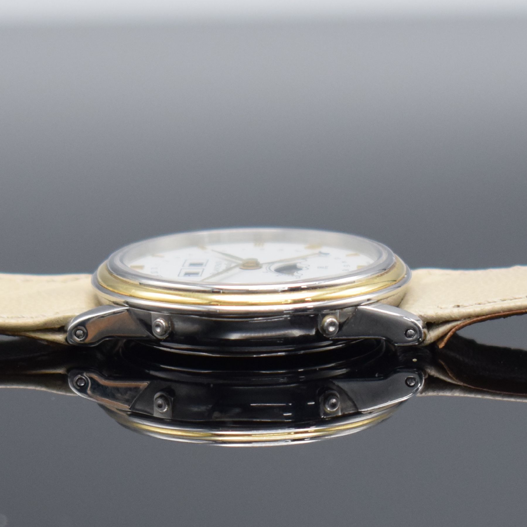 Detail d: BLANCPAIN Armbanduhr mit Vollkalender Kaliber 953, Schweiz um 1985, Automatik, Edelstahl & Gold komb., Boden aufgedr., Korrekturdr. im Geh. eingel., ...