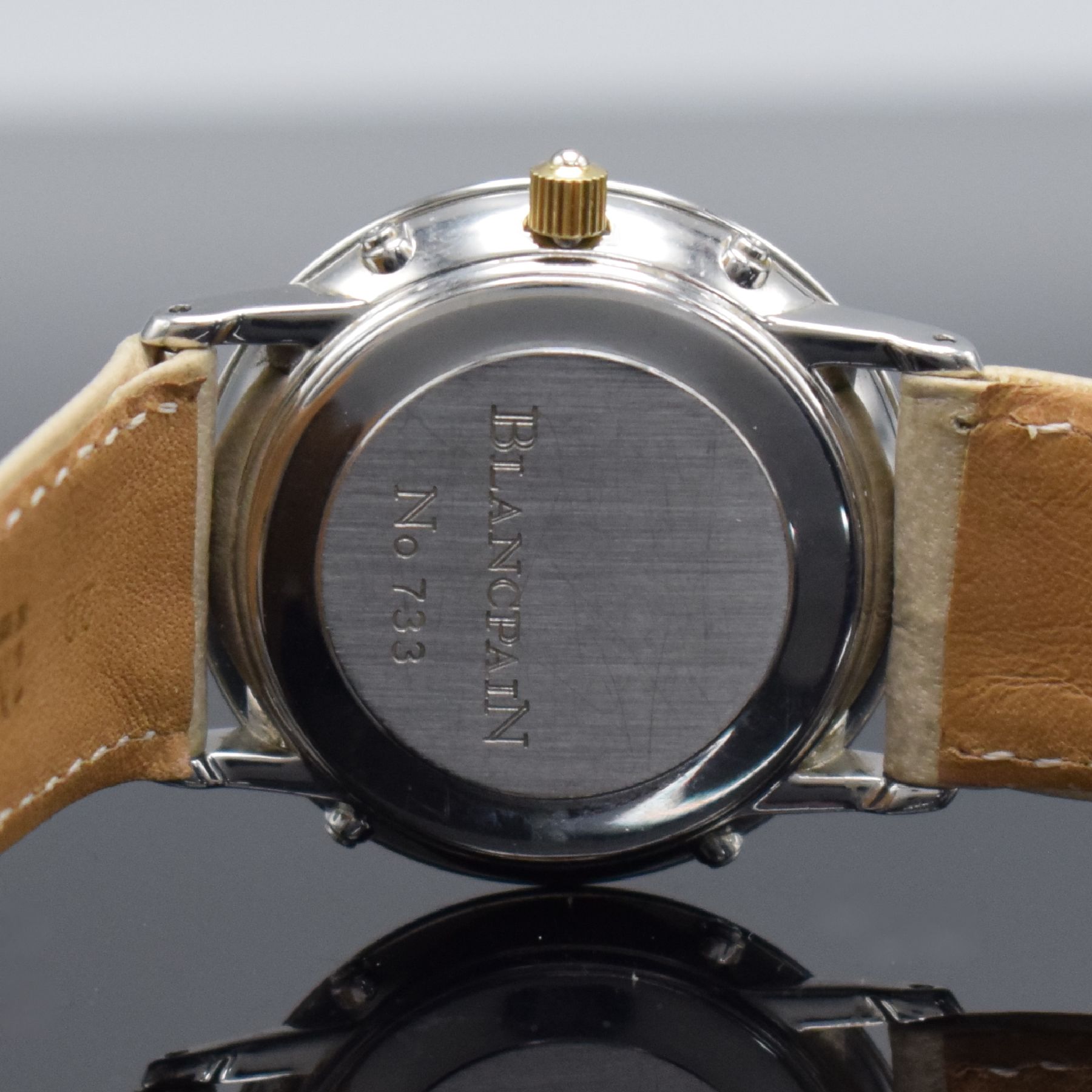 Detail e: BLANCPAIN Armbanduhr mit Vollkalender Kaliber 953, Schweiz um 1985, Automatik, Edelstahl & Gold komb., Boden aufgedr., Korrekturdr. im Geh. eingel., ...
