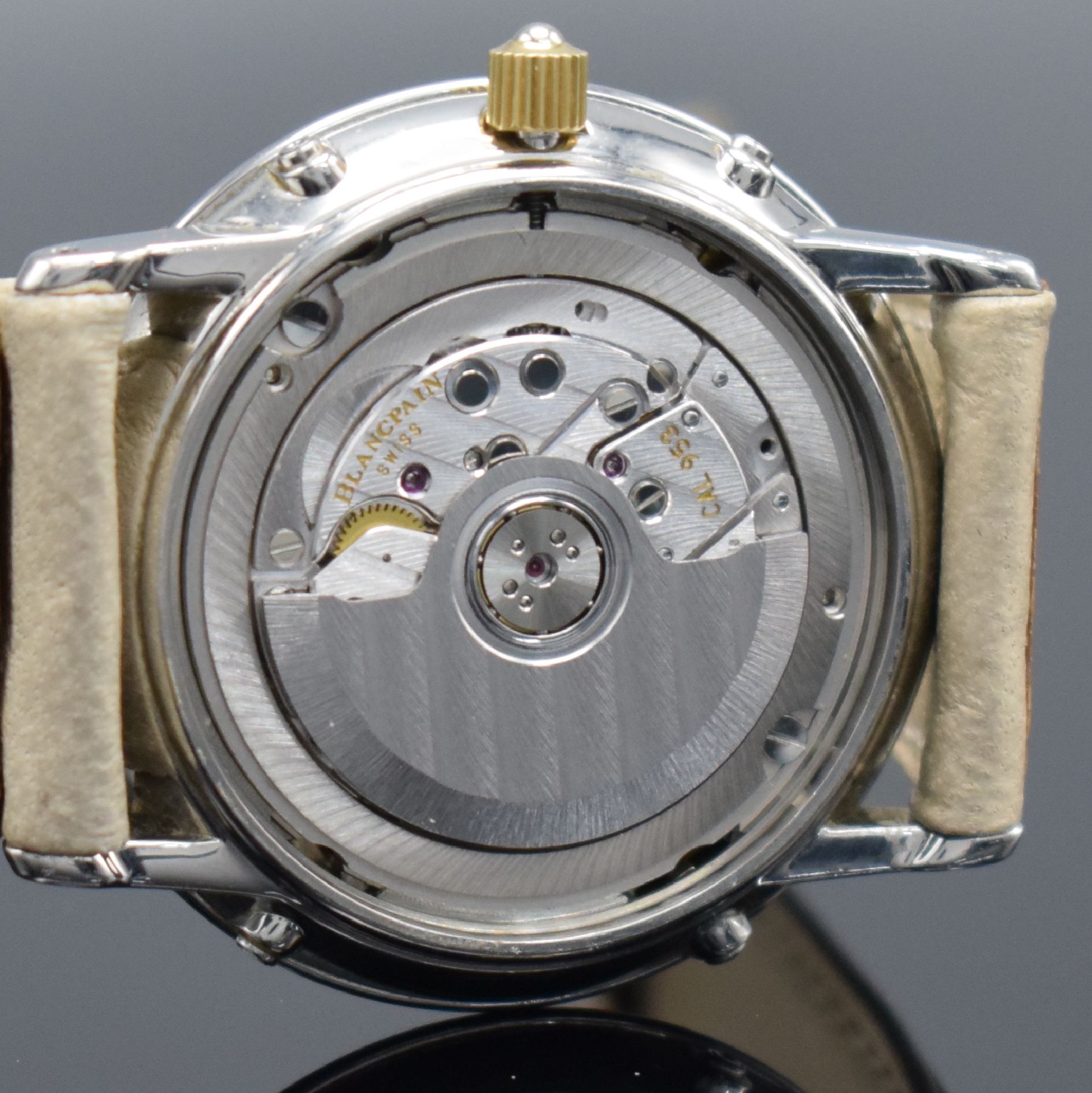 Detail g: BLANCPAIN Armbanduhr mit Vollkalender Kaliber 953, Schweiz um 1985, Automatik, Edelstahl & Gold komb., Boden aufgedr., Korrekturdr. im Geh. eingel., ...