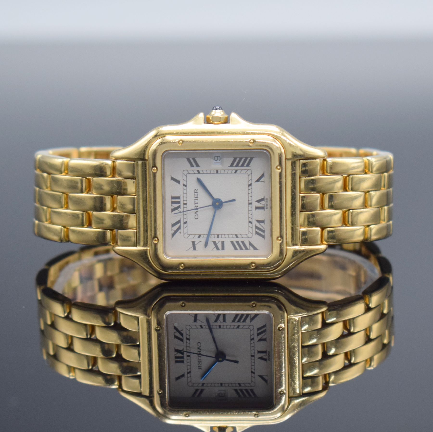 CARTIER Panthere Armbanduhr in GG 750/000 mit GG 750/000 Band, Schweiz um 1990, quarz, 2 -teil. Geh., Boden m. Monogramm 8-fach verschr., Gliederband ...