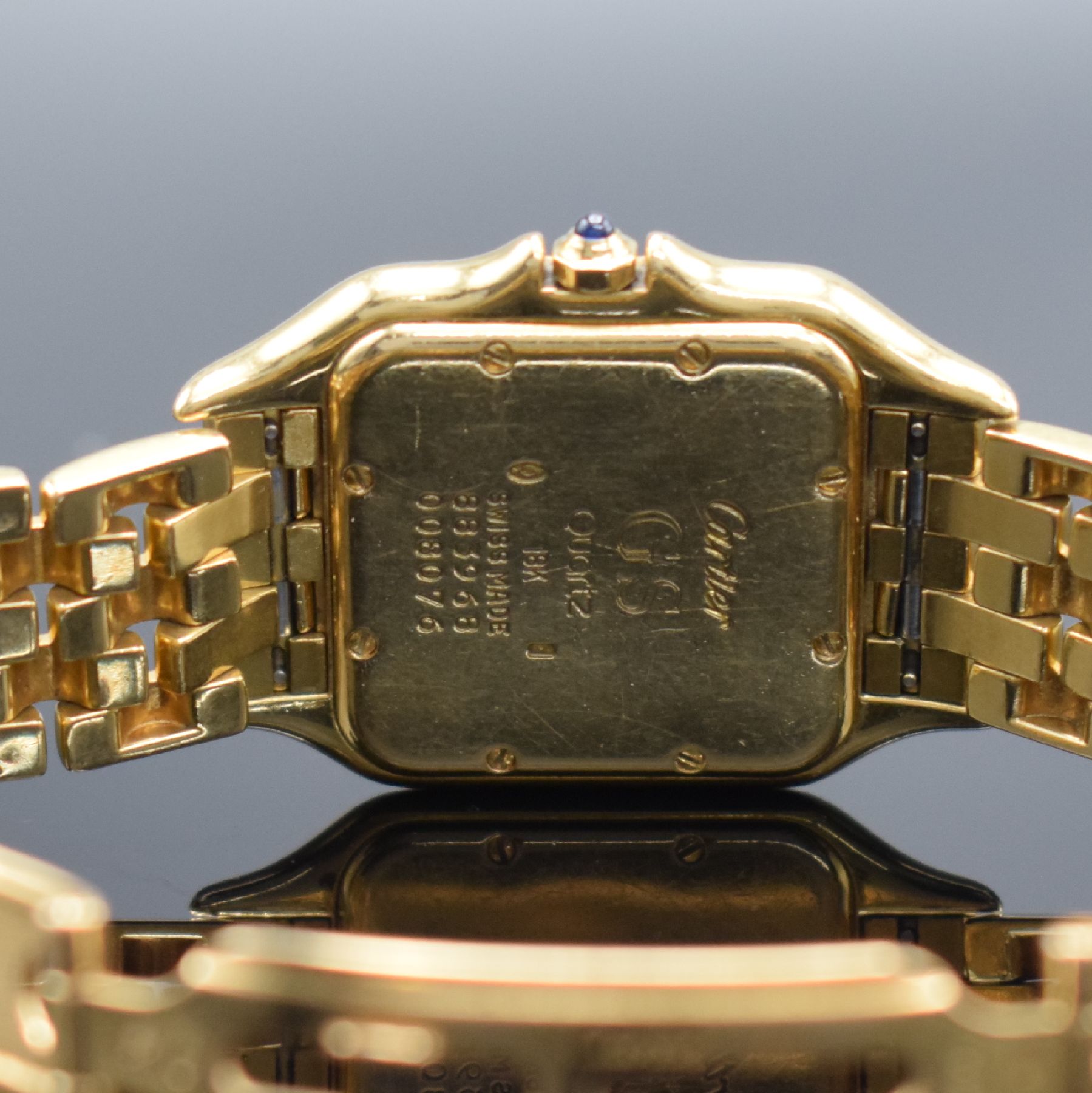Detail g: CARTIER Panthere Armbanduhr in GG 750/000 mit GG 750/000 Band, Schweiz um 1990, quarz, 2 -teil. Geh., Boden m. Monogramm 8-fach verschr., Gliederband ...