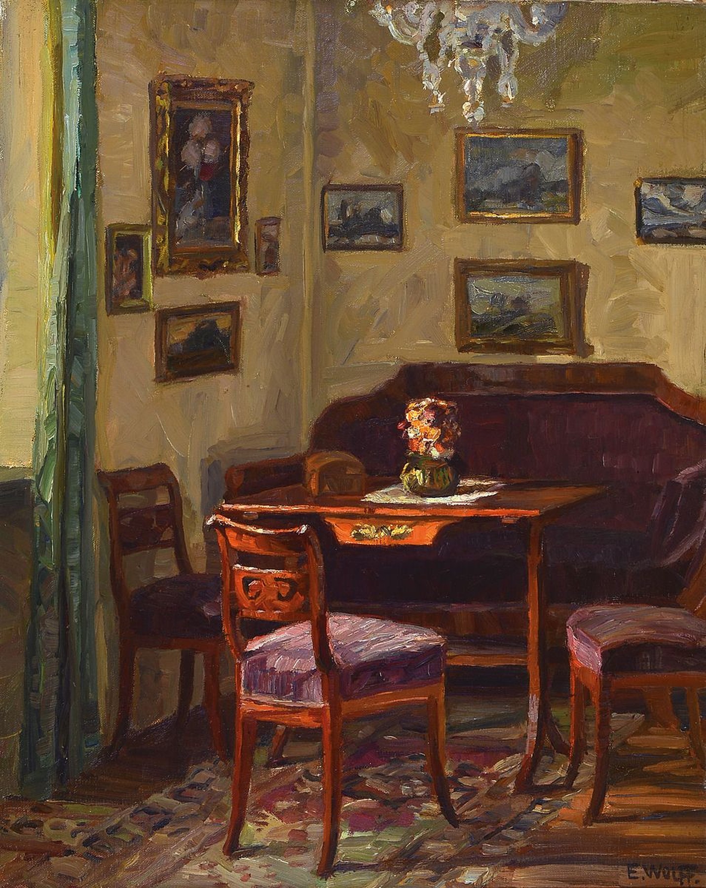 Eugen Wolff, 1873 Schloß Filseck bei Göppingen-1937 München, Interieur mit einer Biedermeier Sitzgruppe und mehreren Gemälden an den Wänden, ...