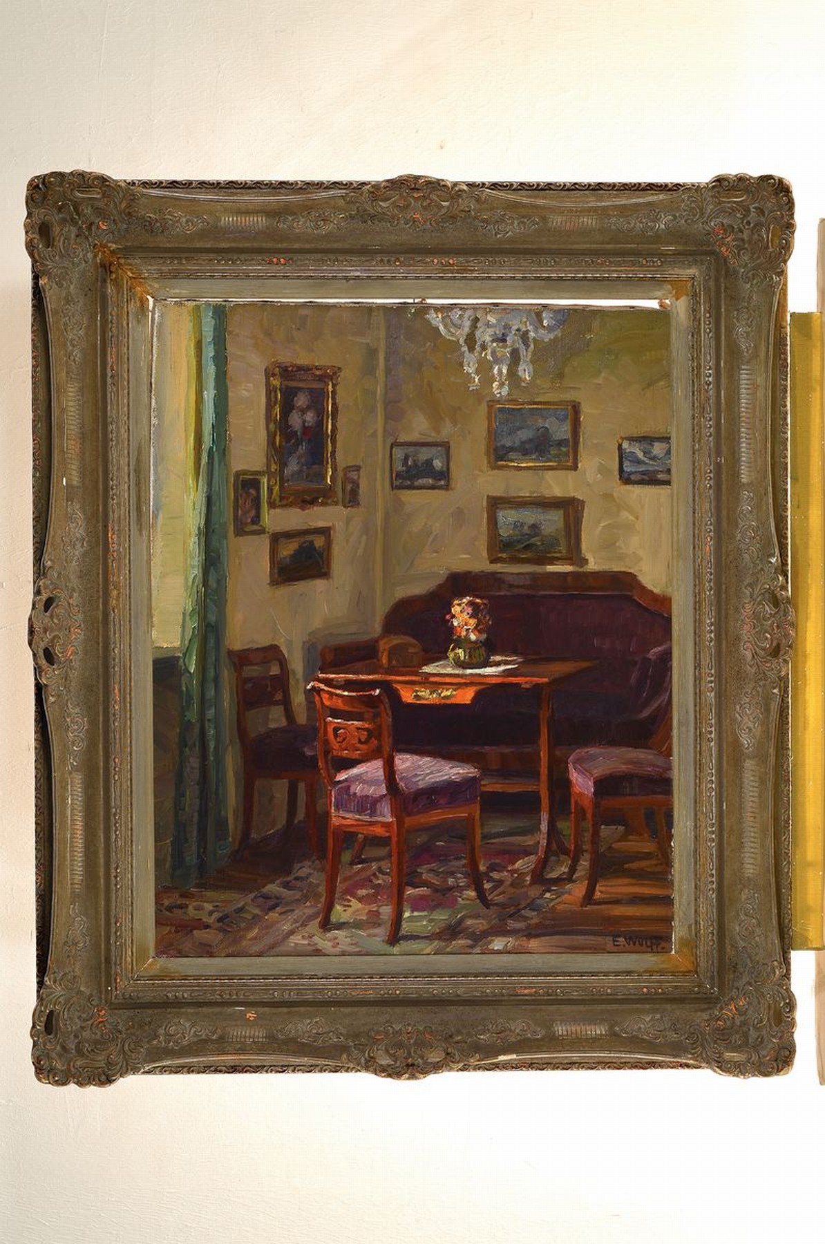 Detail k: Eugen Wolff, 1873 Schloß Filseck bei Göppingen-1937 München, Interieur mit einer Biedermeier Sitzgruppe und mehreren Gemälden an den Wänden, ...