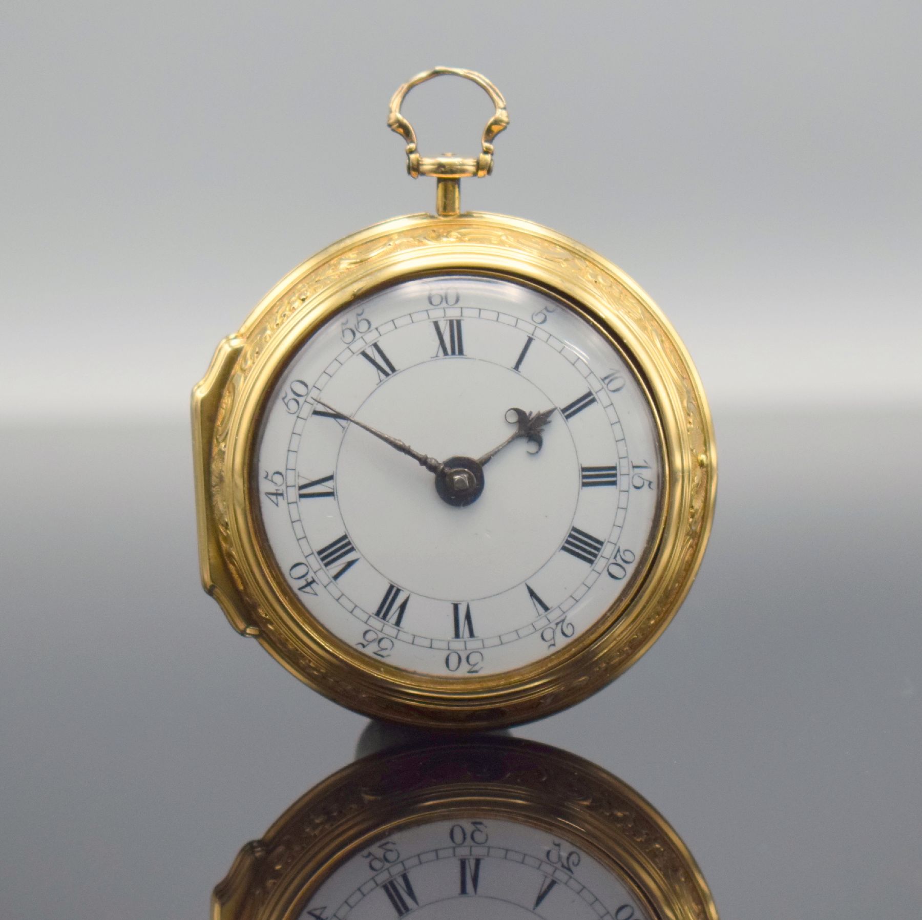 Ja. SMITH London Repoussé-Spindeltaschenuhr in GG 750/000 Nr. 4800, London um 1770, glattes Innengeh. dell./rep., Geh.-Drücker fehlt/zu ers., ...