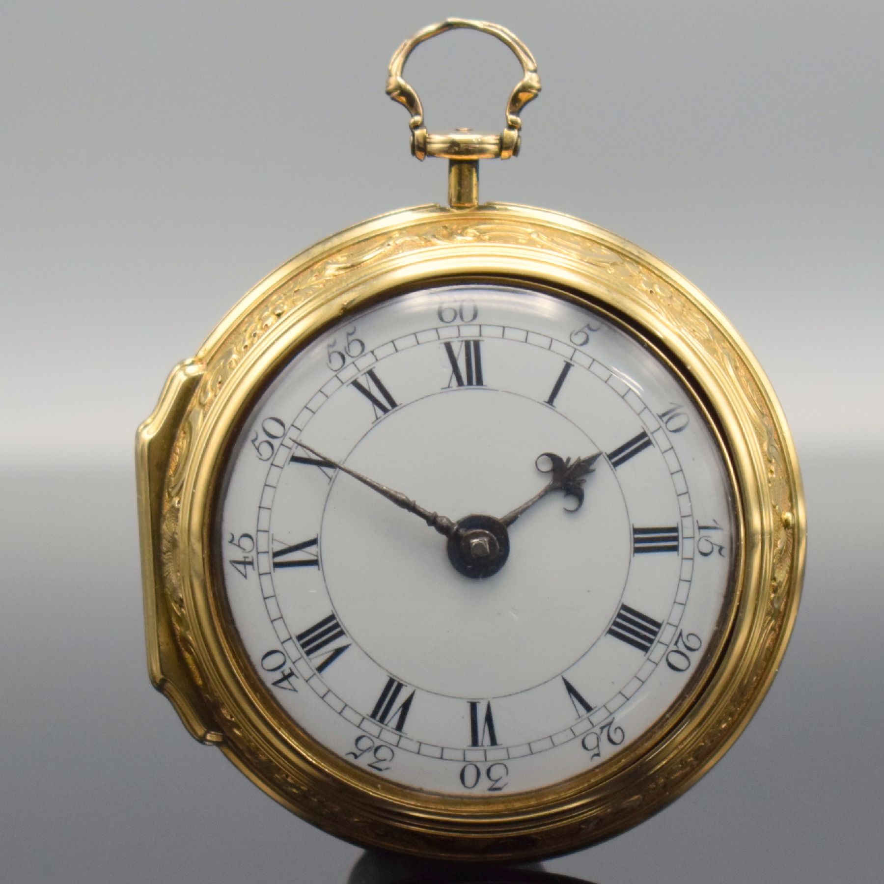 Detail a: Ja. SMITH London Repoussé-Spindeltaschenuhr in GG 750/000 Nr. 4800, London um 1770, glattes Innengeh. dell./rep., Geh.-Drücker fehlt/zu ers., ...