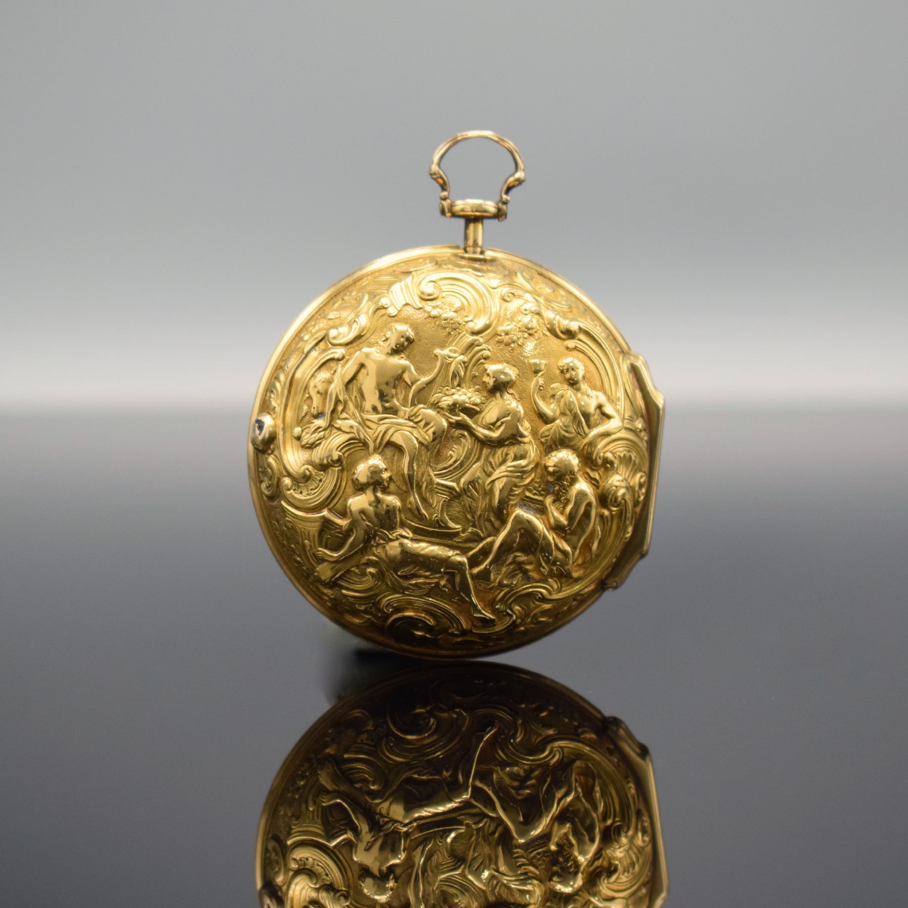 Detail b: Ja. SMITH London Repoussé-Spindeltaschenuhr in GG 750/000 Nr. 4800, London um 1770, glattes Innengeh. dell./rep., Geh.-Drücker fehlt/zu ers., ...