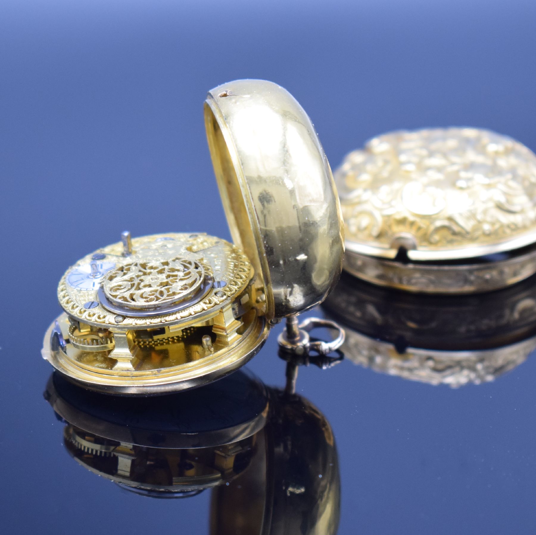 Detail k: Ja. SMITH London Repoussé-Spindeltaschenuhr in GG 750/000 Nr. 4800, London um 1770, glattes Innengeh. dell./rep., Geh.-Drücker fehlt/zu ers., ...