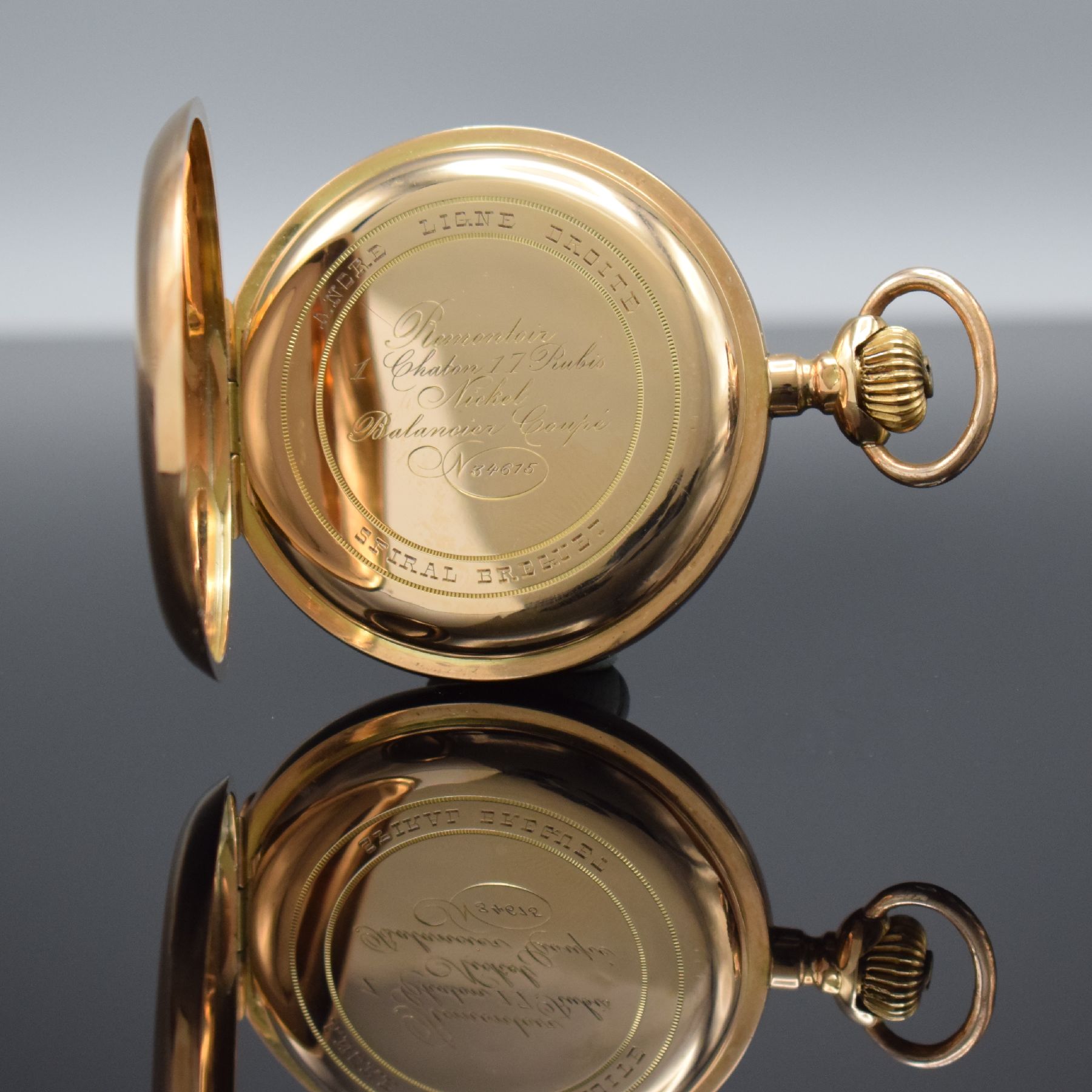 Detail c: Savonette Herrentaschenuhr in RoseG 585/000, Schweiz um 1900, 3-Deckel Goldgeh., Boden & Sprungdeckel guill./ber., Monogrammsp. frei, Emailzifferbl. ...