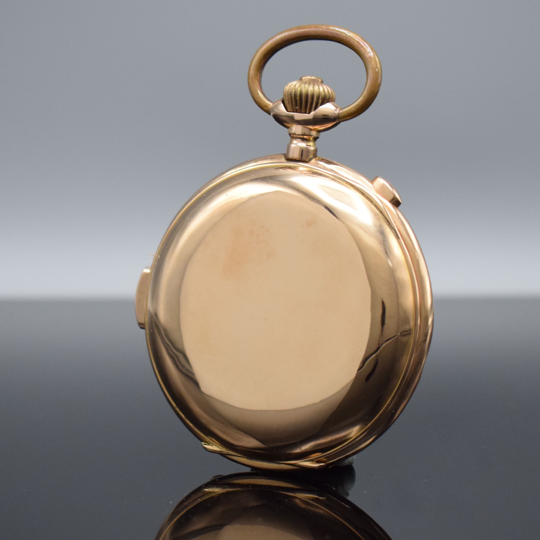 Detail b: NESTOR DELEVAUX Savonette Herrentaschenuhr mit Minutenrepetition & Chronographenfunktion in RG 585/000, Schweiz um 1910, glattes 3 Deckel Goldgeh. l. ...