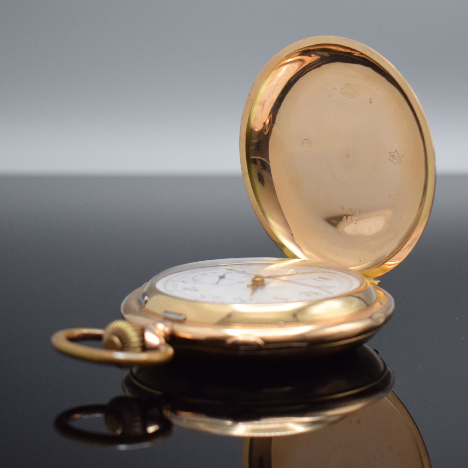 Detail c: NESTOR DELEVAUX Savonette Herrentaschenuhr mit Minutenrepetition & Chronographenfunktion in RG 585/000, Schweiz um 1910, glattes 3 Deckel Goldgeh. l. ...