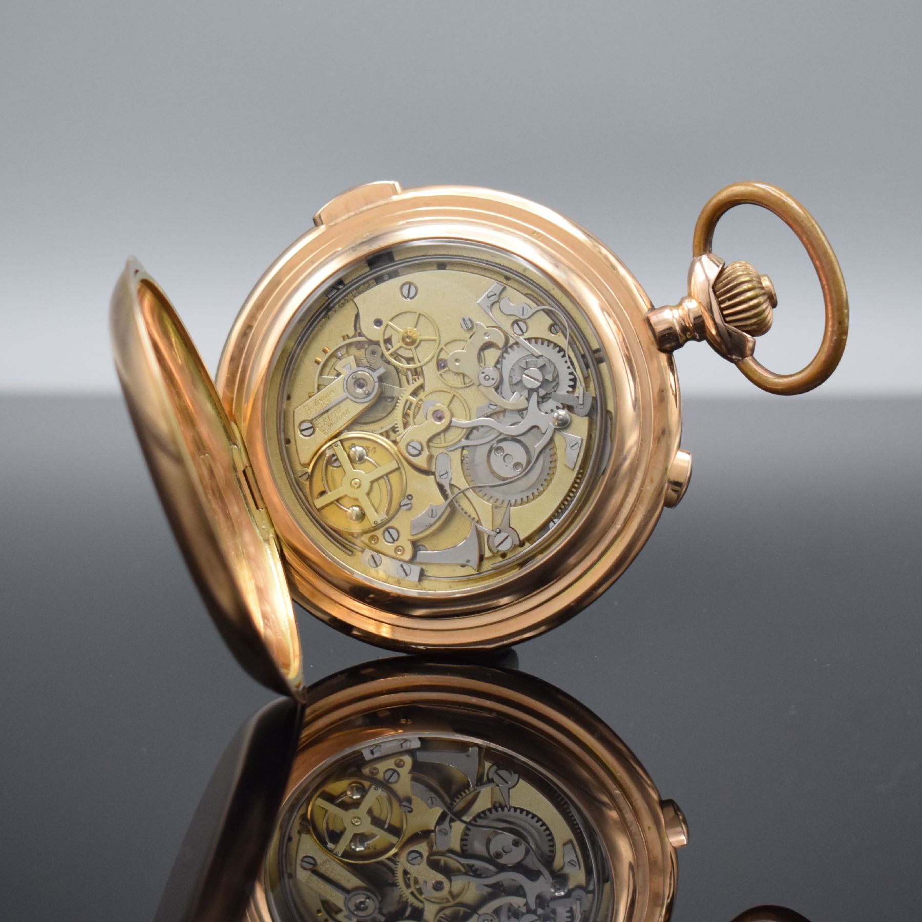 Detail d: NESTOR DELEVAUX Savonette Herrentaschenuhr mit Minutenrepetition & Chronographenfunktion in RG 585/000, Schweiz um 1910, glattes 3 Deckel Goldgeh. l. ...