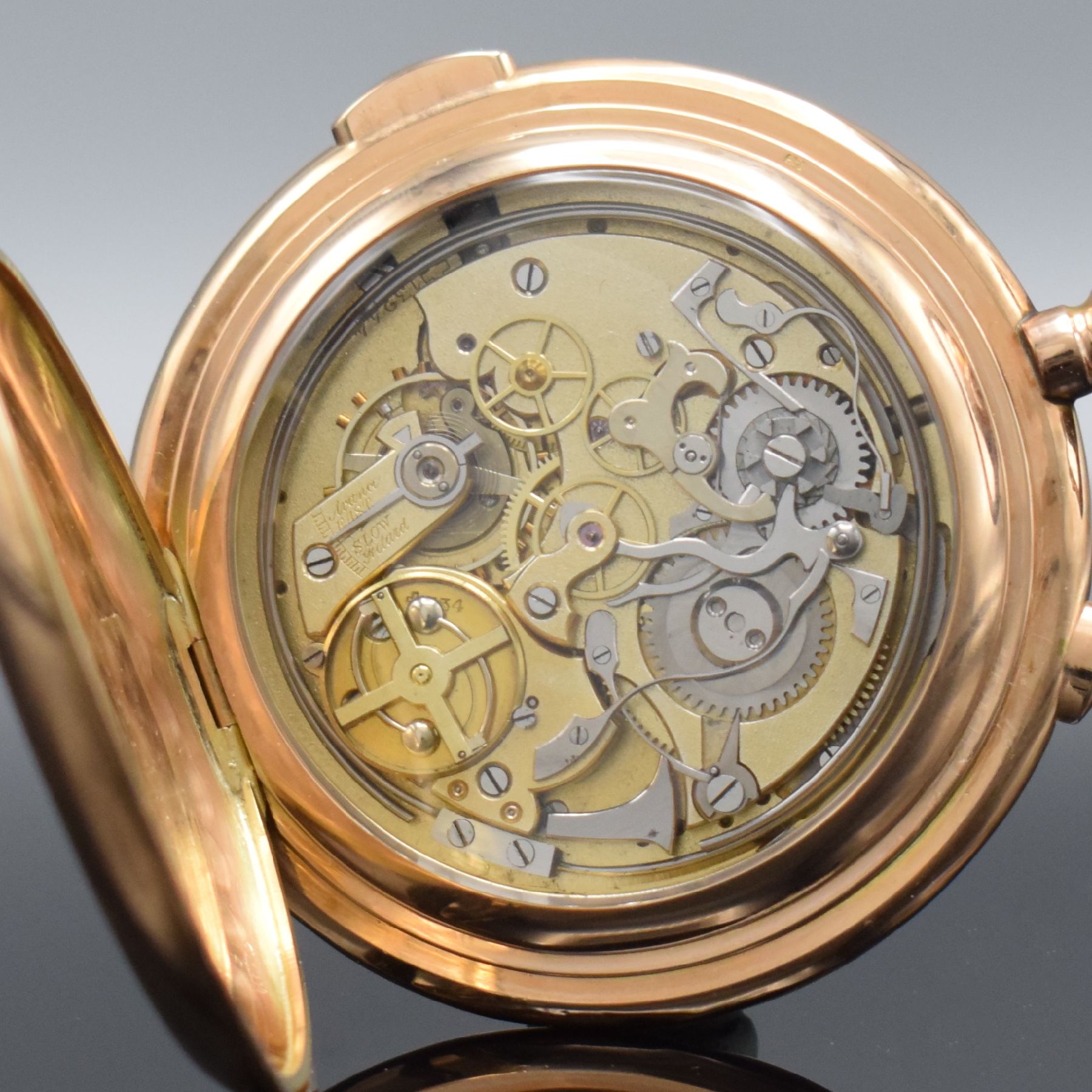 Detail e: NESTOR DELEVAUX Savonette Herrentaschenuhr mit Minutenrepetition & Chronographenfunktion in RG 585/000, Schweiz um 1910, glattes 3 Deckel Goldgeh. l. ...