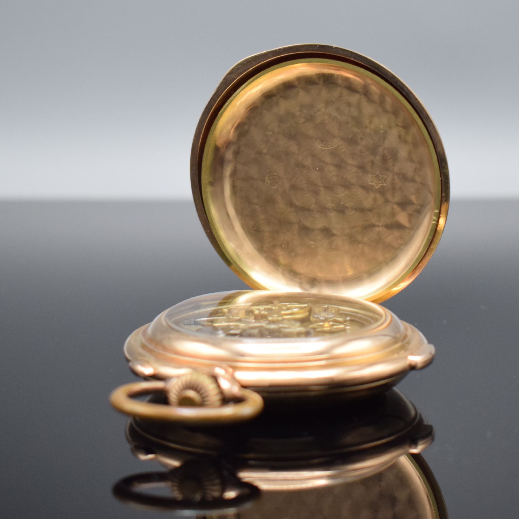 Detail f: NESTOR DELEVAUX Savonette Herrentaschenuhr mit Minutenrepetition & Chronographenfunktion in RG 585/000, Schweiz um 1910, glattes 3 Deckel Goldgeh. l. ...