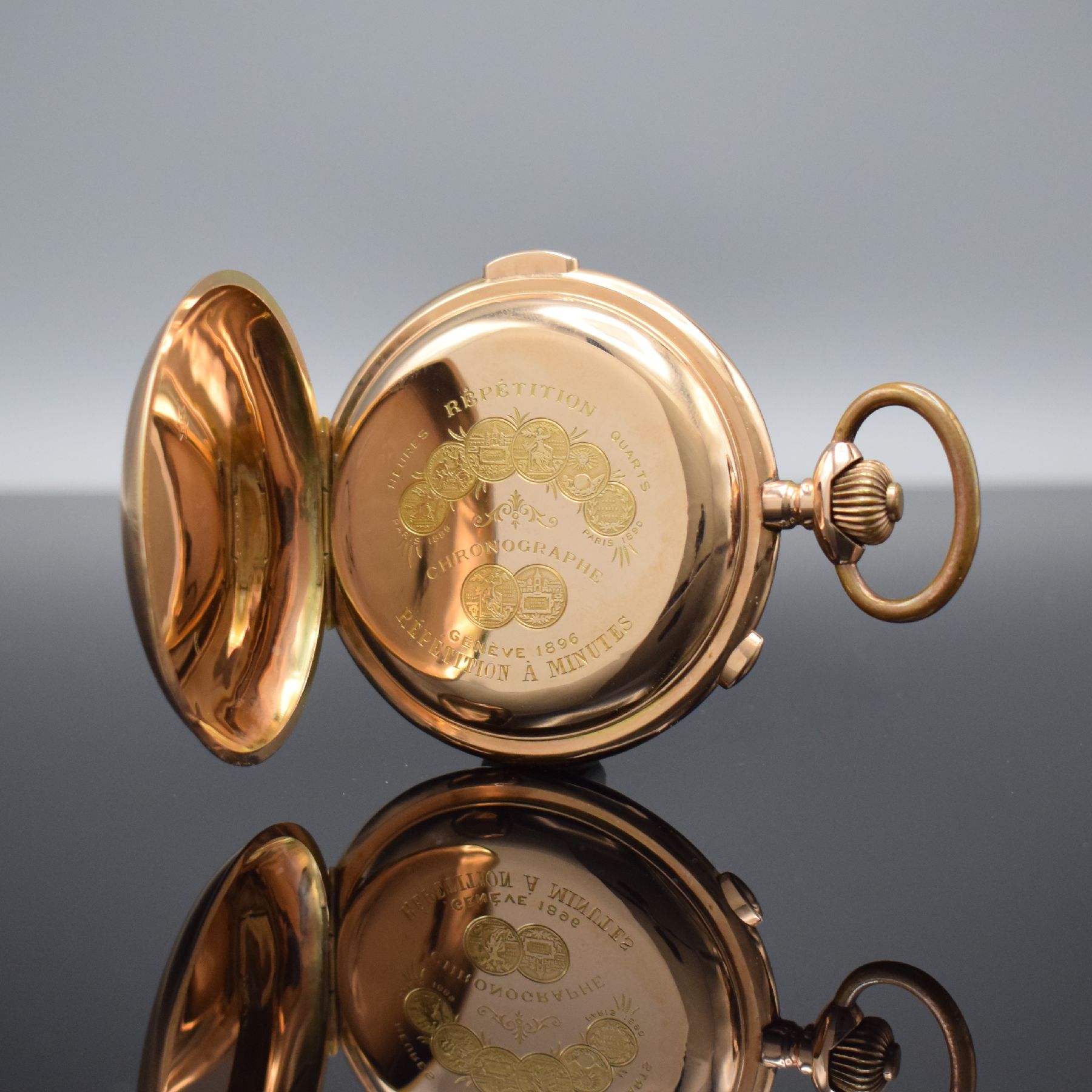 Detail g: NESTOR DELEVAUX Savonette Herrentaschenuhr mit Minutenrepetition & Chronographenfunktion in RG 585/000, Schweiz um 1910, glattes 3 Deckel Goldgeh. l. ...