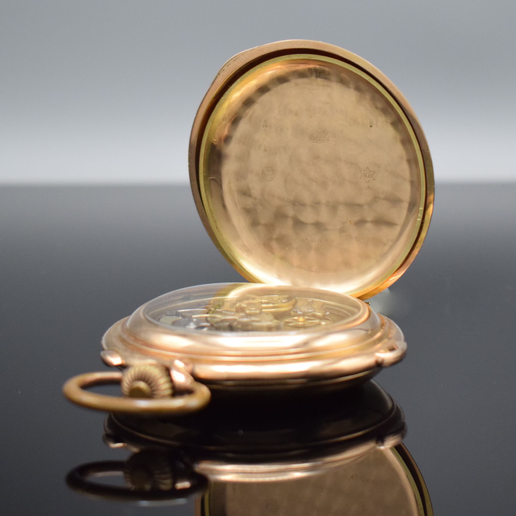 Detail h: NESTOR DELEVAUX Savonette Herrentaschenuhr mit Minutenrepetition & Chronographenfunktion in RG 585/000, Schweiz um 1910, glattes 3 Deckel Goldgeh. l. ...