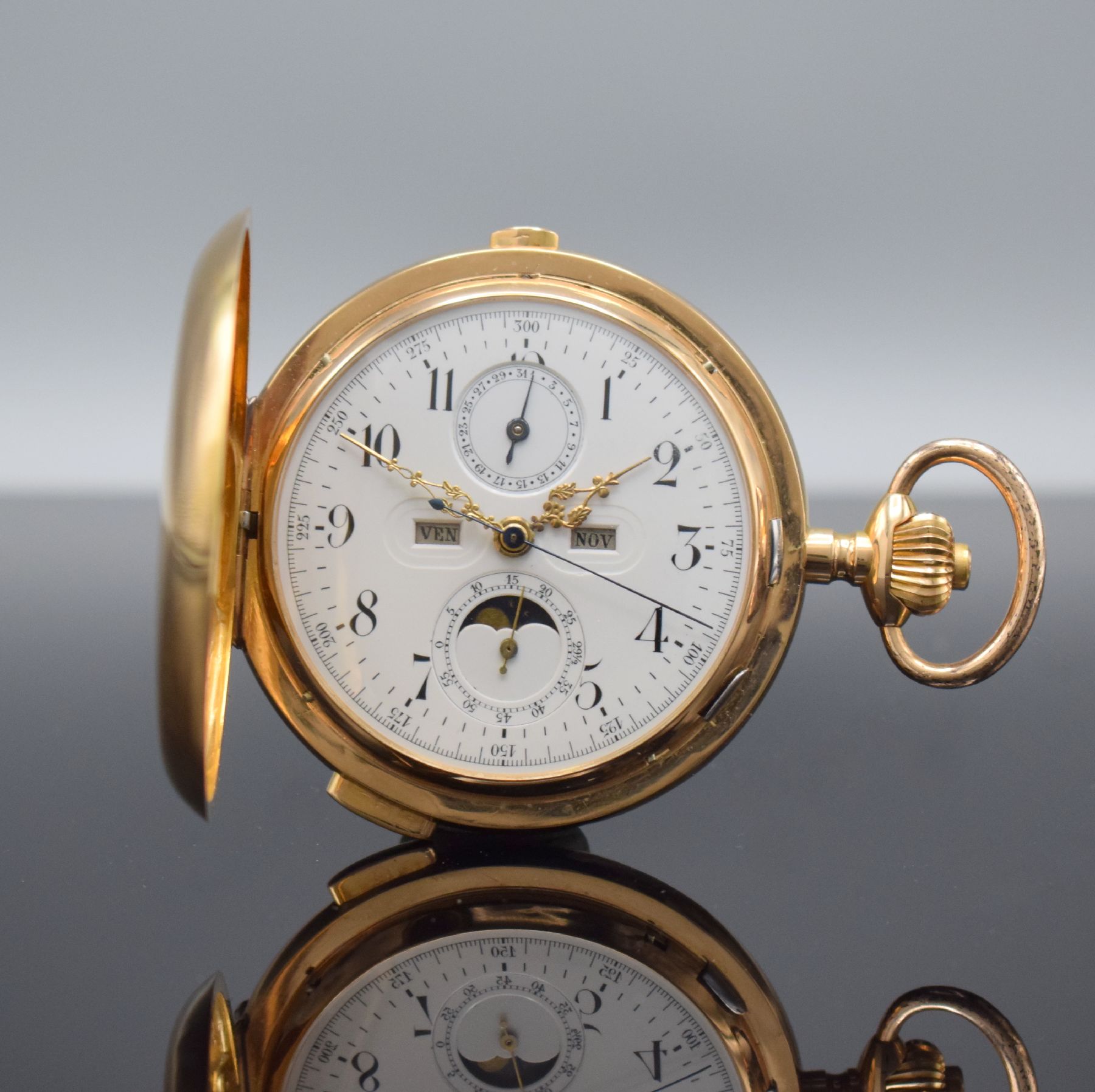 Astronomische Savonette Herrentaschenuhr mit 1/4-Stunden-Repetition & Vollkalender in RG 750/000, Schweiz um 1900, glattes 3-Deckel Goldgehäuse ...