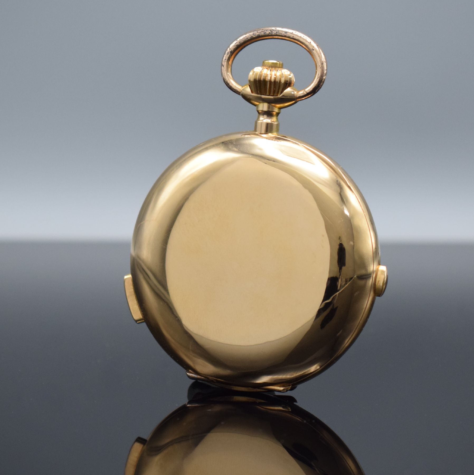Detail c: Astronomische Savonette Herrentaschenuhr mit 1/4-Stunden-Repetition & Vollkalender in RG 750/000, Schweiz um 1900, glattes 3-Deckel Goldgehäuse ...