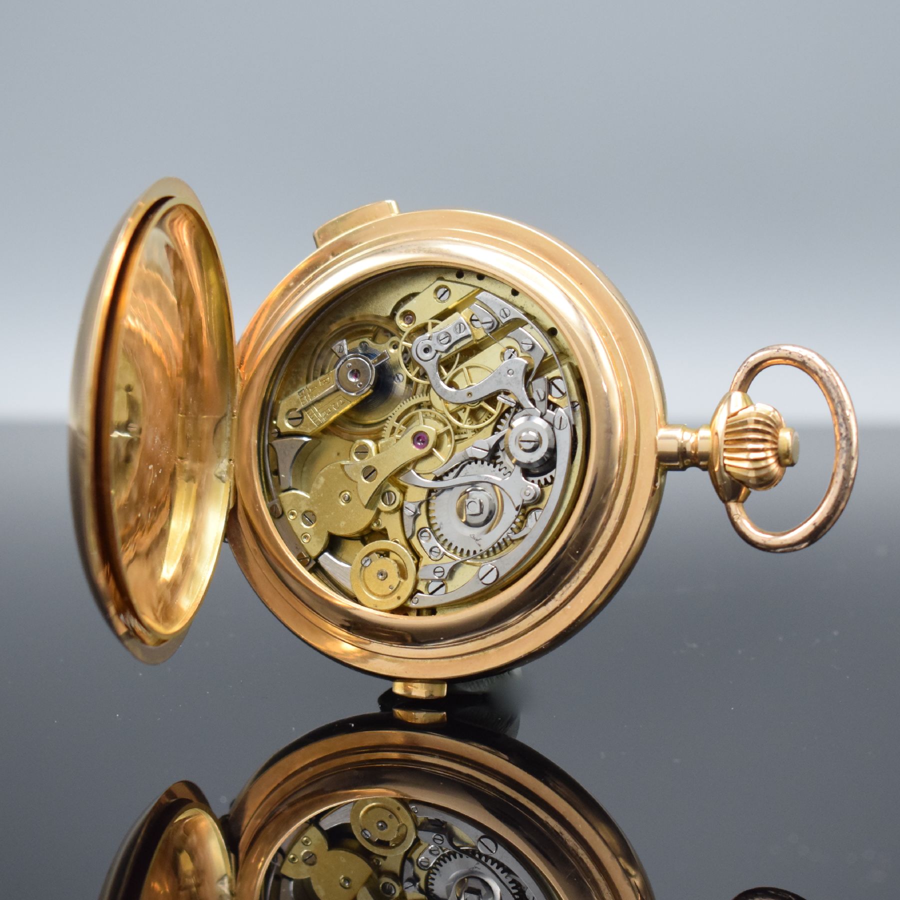 Detail g: Astronomische Savonette Herrentaschenuhr mit 1/4-Stunden-Repetition & Vollkalender in RG 750/000, Schweiz um 1900, glattes 3-Deckel Goldgehäuse ...