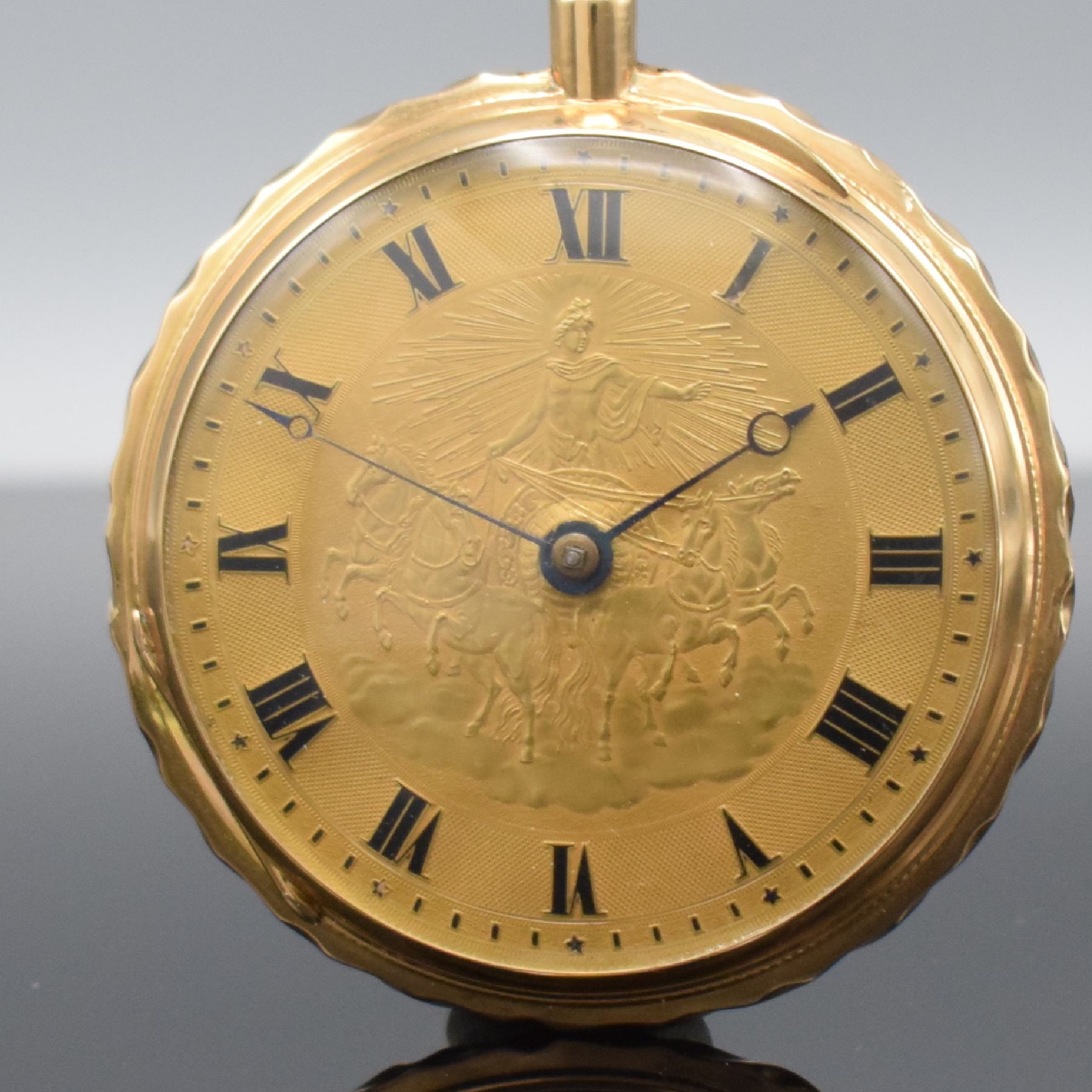 Detail a: Große Taschenuhr mit 1/4-Stundenrepetition auf 3 Tonfedern in RG 750/000, Schweiz um 1820, Schlüsselaufzug, sehr schön erhaltenes Geh., rücks. ...