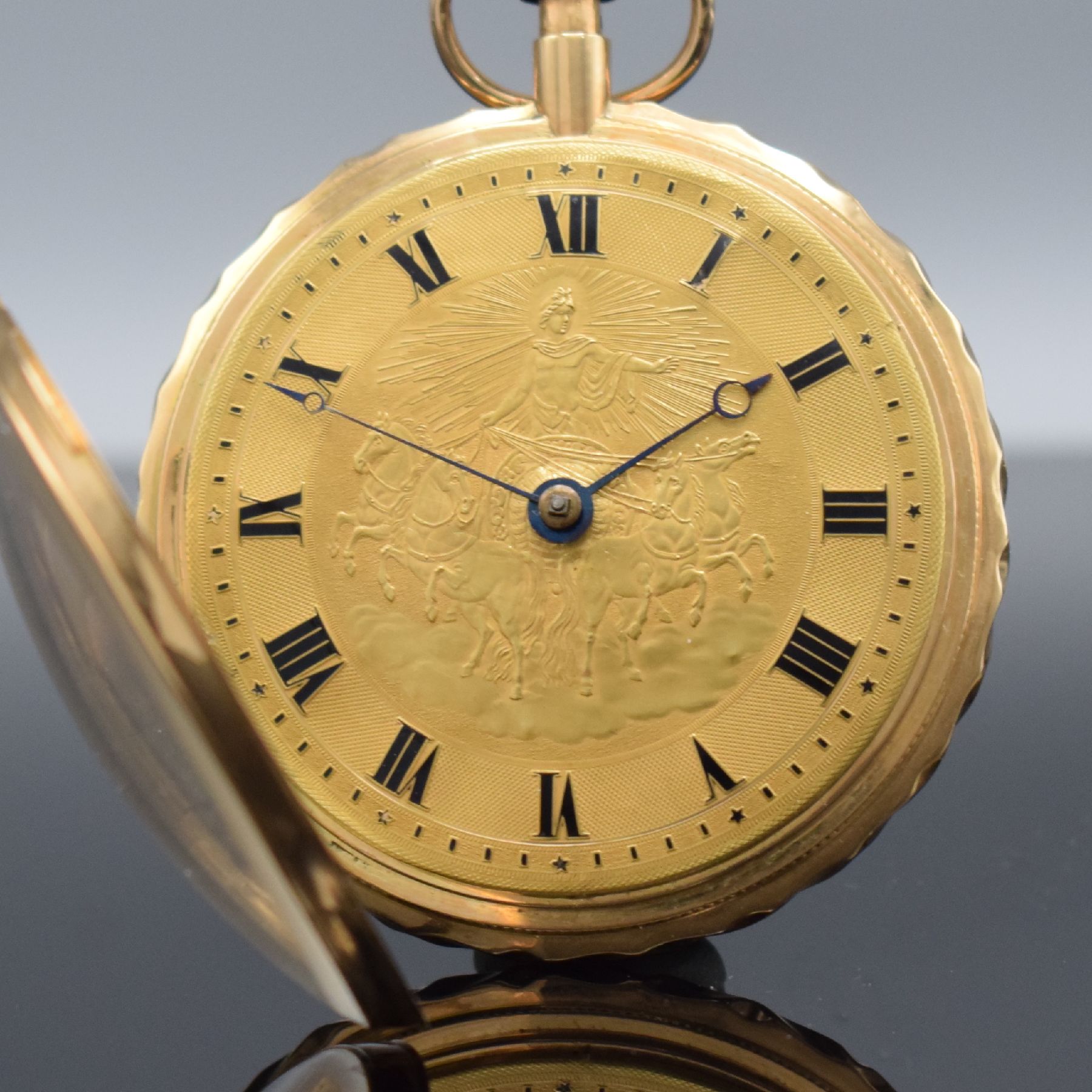 Detail b: Große Taschenuhr mit 1/4-Stundenrepetition auf 3 Tonfedern in RG 750/000, Schweiz um 1820, Schlüsselaufzug, sehr schön erhaltenes Geh., rücks. ...