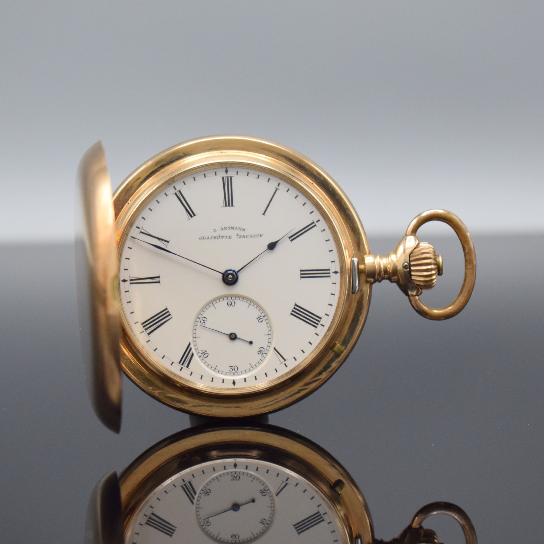 J. ASSMANN Glashütte I/Sachsen Savonette in RG 585/000, Deutschland um 1900, glattes 3- Deckel Goldgeh. m. Monogramm auf Sprungdeckel, 2-teil. ...
