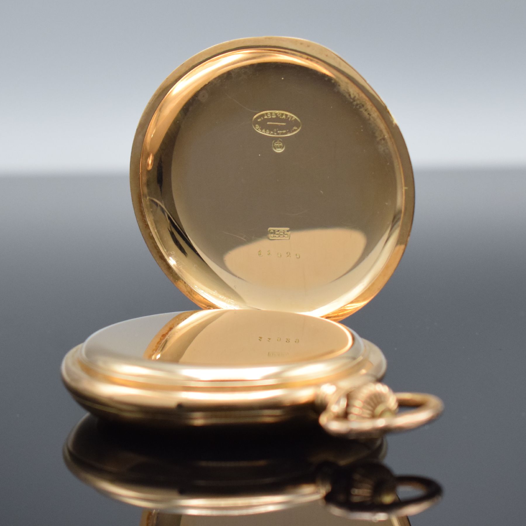 Detail f: J. ASSMANN Glashütte I/Sachsen Savonette in RG 585/000, Deutschland um 1900, glattes 3- Deckel Goldgeh. m. Monogramm auf Sprungdeckel, 2-teil. ...