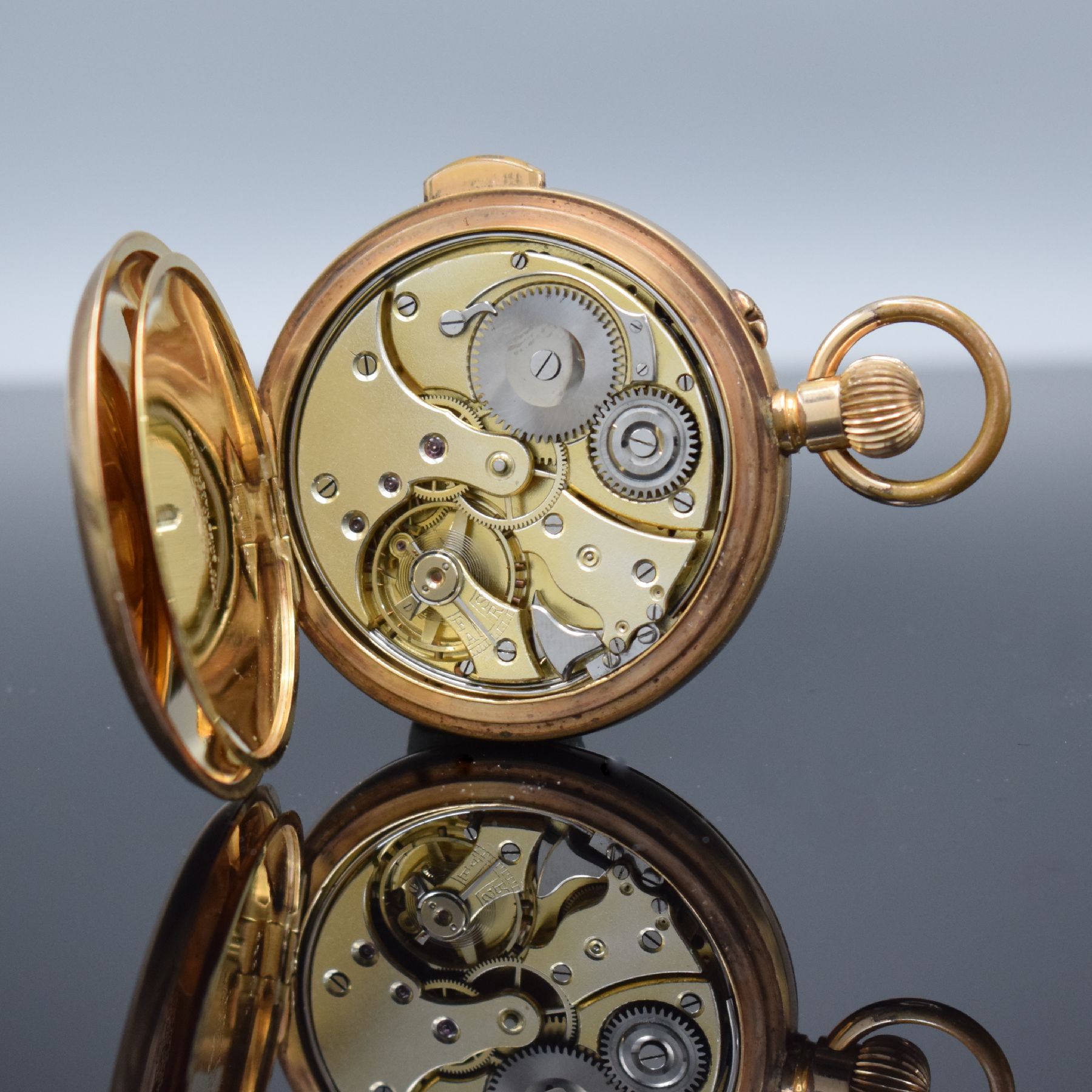 Detail c: Offene Herrentaschenuhr mit 1/4 Stunden- Repetition, Schweiz um 1910, guill. Goldfilled-Geh. l. dell./ ber., Repetitions- Drücker b. 3, ...