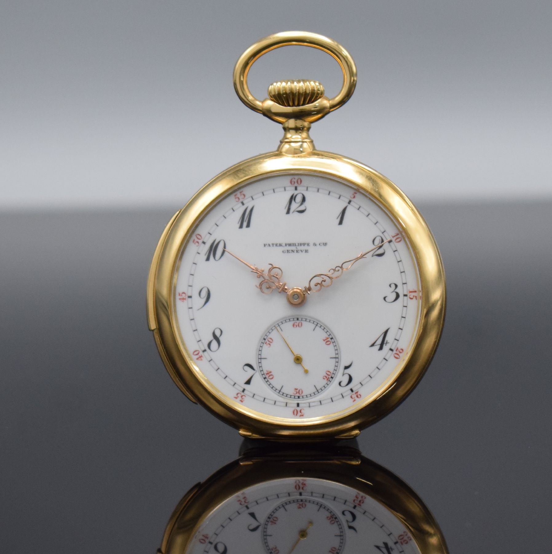 PATEK PHILIPPE hochfeine & seltene, offene Herrentaschenuhr mit Minutenrepetition in RoséG 750/000, Schweiz um 1910, hergestellt für Hudson & Son ...