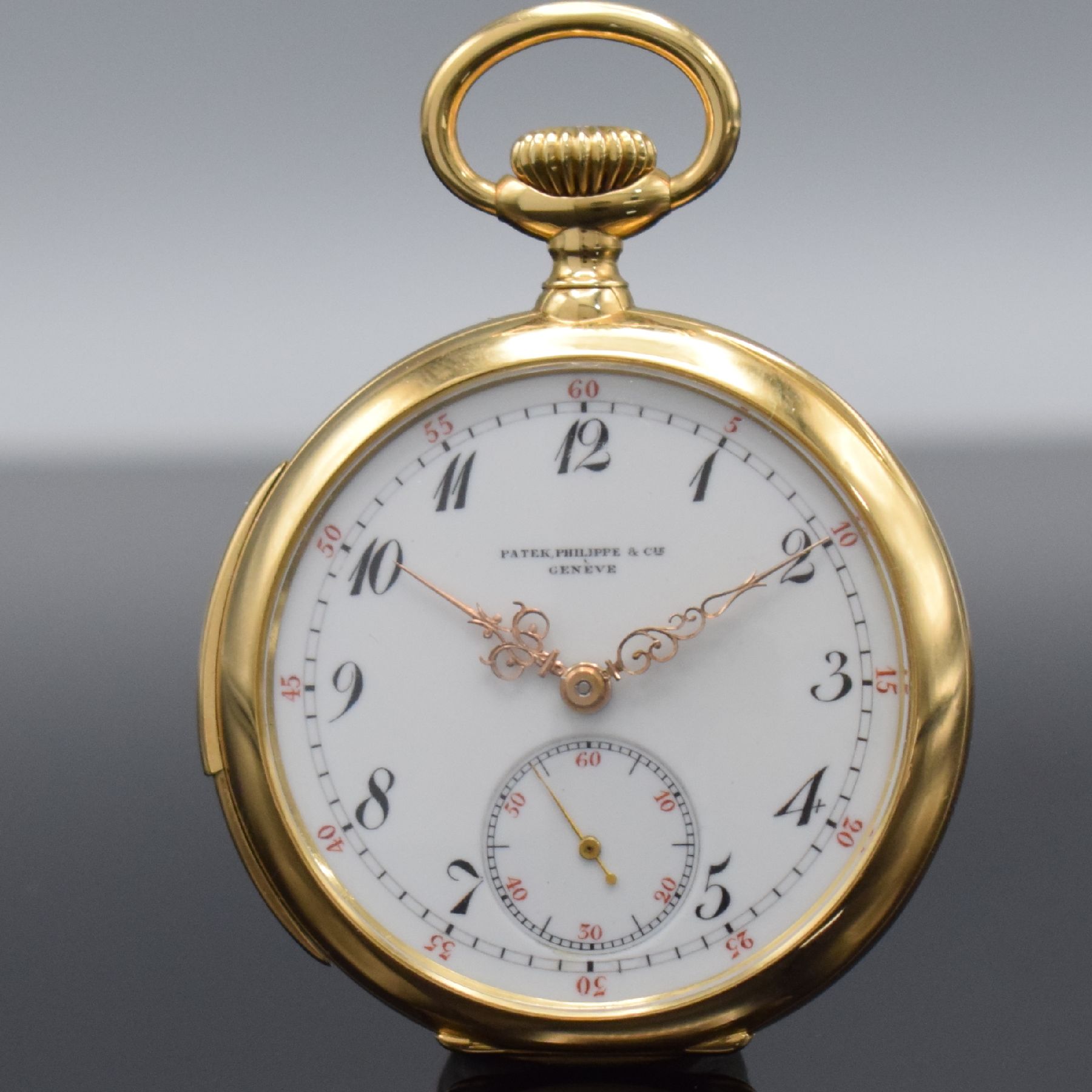 Detail a: PATEK PHILIPPE hochfeine & seltene, offene Herrentaschenuhr mit Minutenrepetition in RoséG 750/000, Schweiz um 1910, hergestellt für Hudson & Son ...