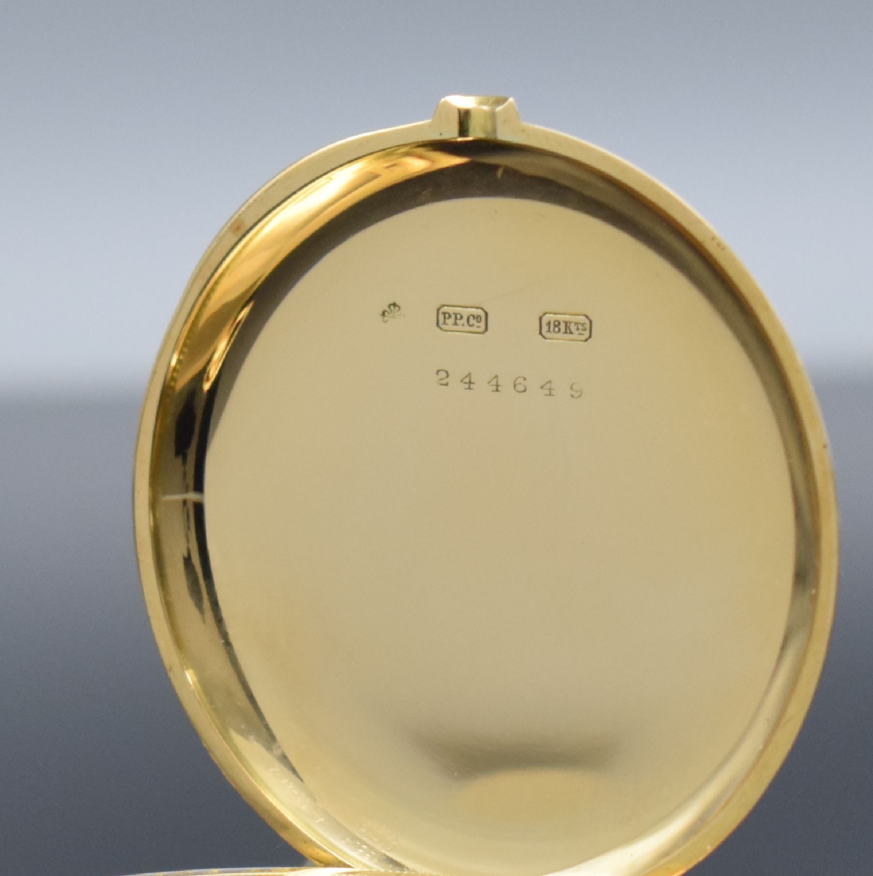 Detail d: PATEK PHILIPPE hochfeine & seltene, offene Herrentaschenuhr mit Minutenrepetition in RoséG 750/000, Schweiz um 1910, hergestellt für Hudson & Son ...