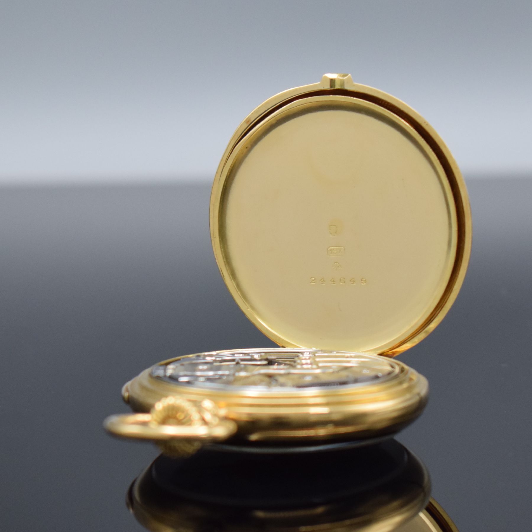 Detail e: PATEK PHILIPPE hochfeine & seltene, offene Herrentaschenuhr mit Minutenrepetition in RoséG 750/000, Schweiz um 1910, hergestellt für Hudson & Son ...