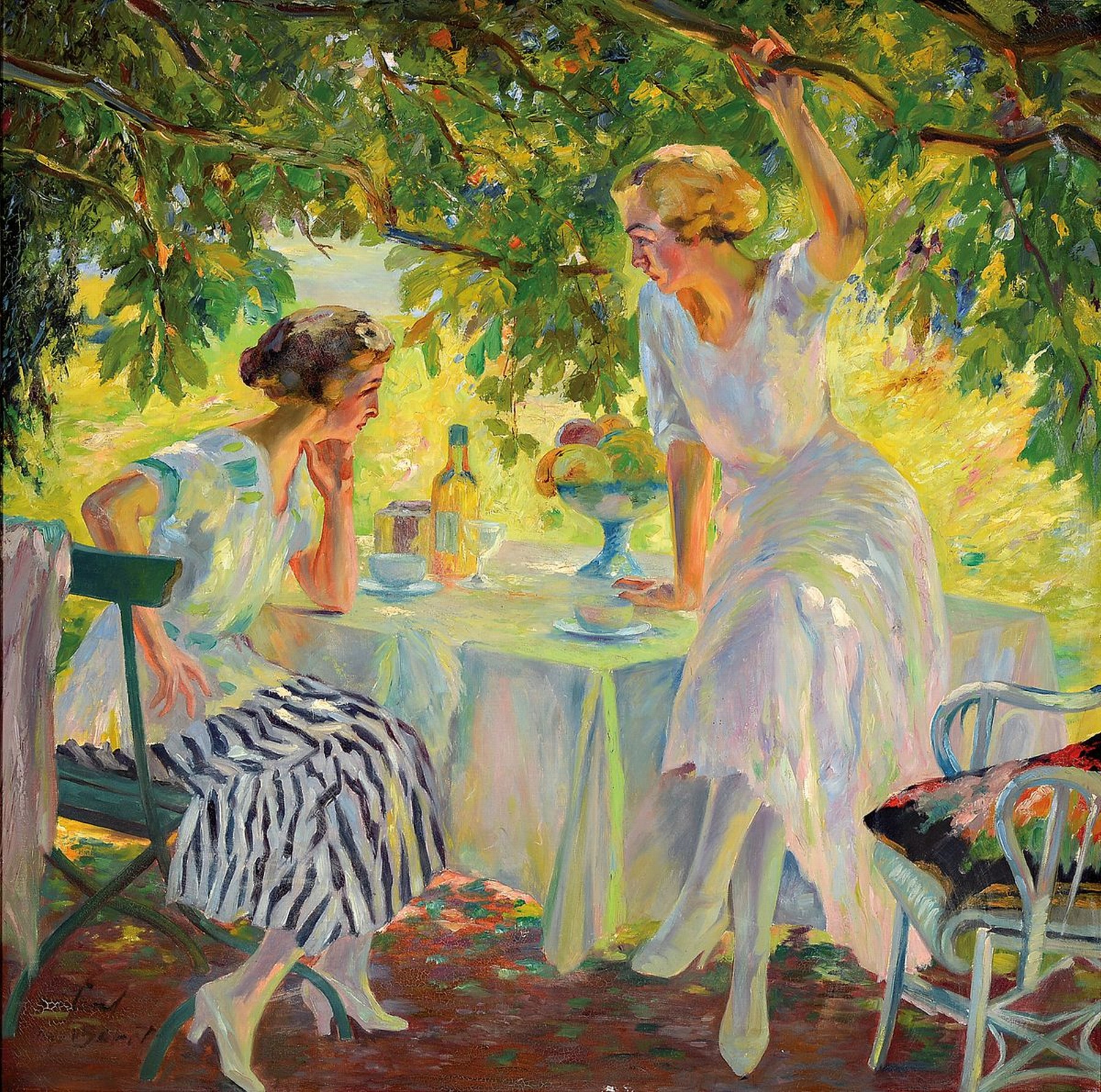 Berrid (?): Kopie nach Edward Cucuel (1875 San Francisco - 1954 Pasadena), Mitte 20.Jh., zwei Mädchen am Kaffeetisch, dominierend harmonische ...