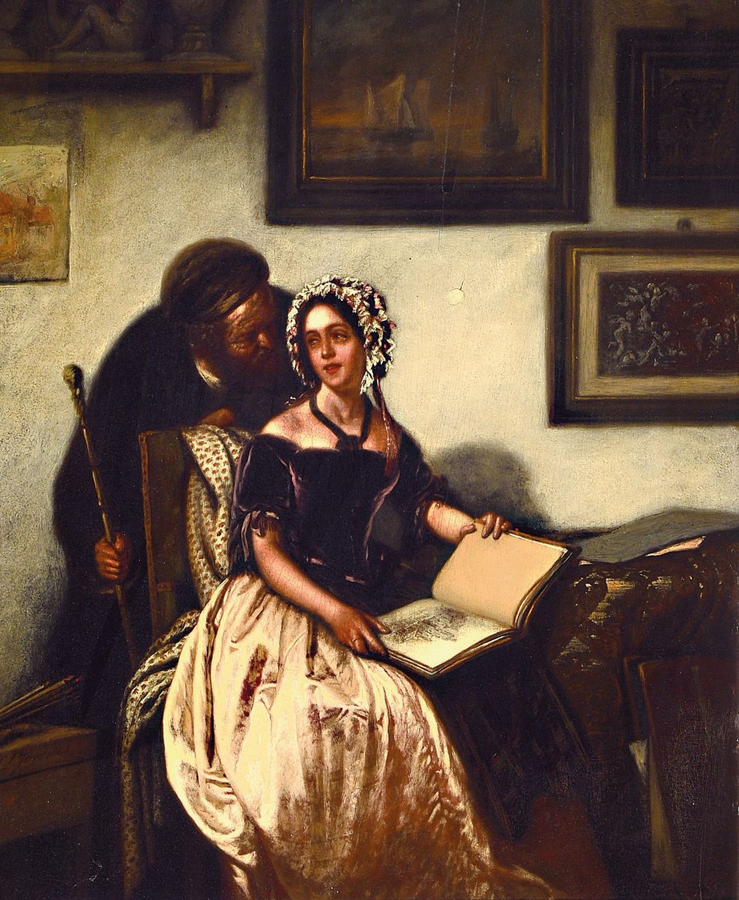Jan Lodewyk Jonxis, Utrecht 1789-1867, Junge Frau beim Betrachten eines Skizzenbuches, der Maler schaut ihr über die Schulter, an den Wänden ...