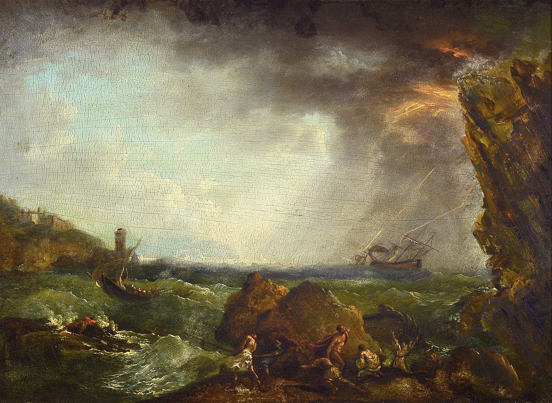 Zuschreibung: Claude Joseph Vernet, 1714 Avignon-1789 Paris, Schiffbrüchige nach der Rettung am Strand, Öl/Holz, feine detaillierte Darstellung der ...